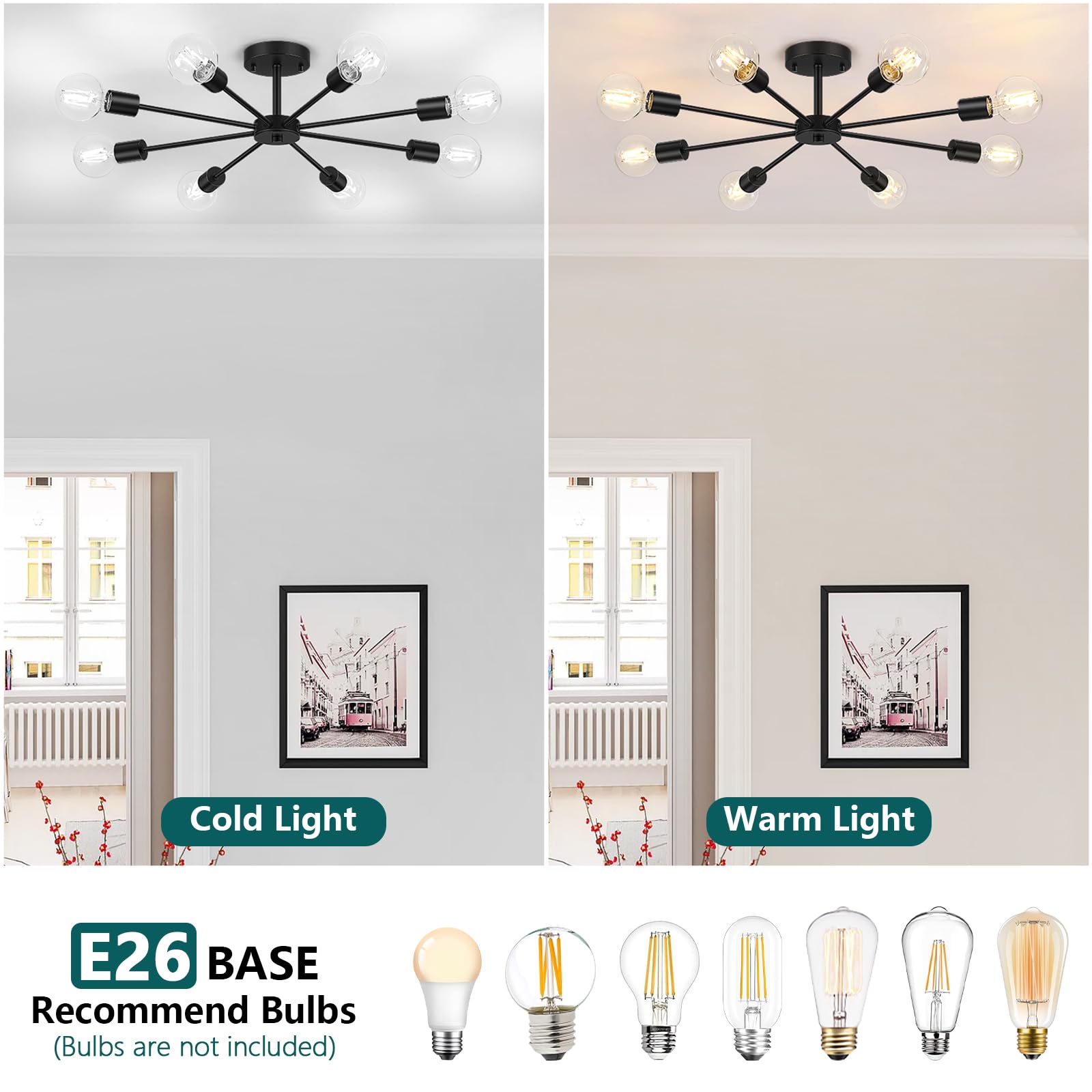 6-Lights Semi Flush Mount Ceiling Light, Matte Black Close to Ceiling Lighting with E26 Base, Modern Sputnik Light Fixtures for Kitchen Dining Room Bedroom Living Room