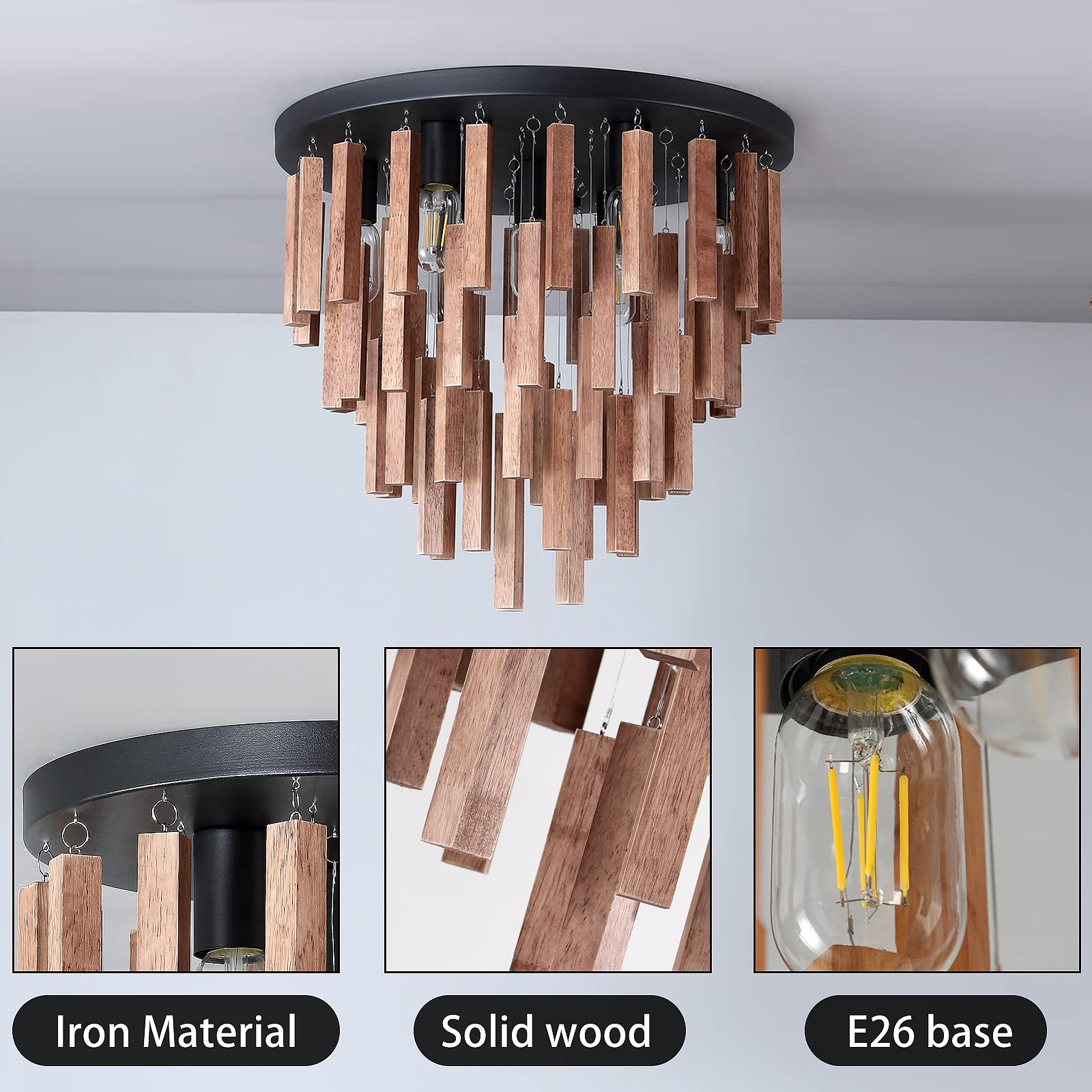 3-Light Semi Flush Mount Ceiling Lights Boho Wood Light Fixture Farmhouse Chandelier Oak and Black Ceiling Lighting with E26 for Kitchen Living Room Entryway Bedroom Dining Room…