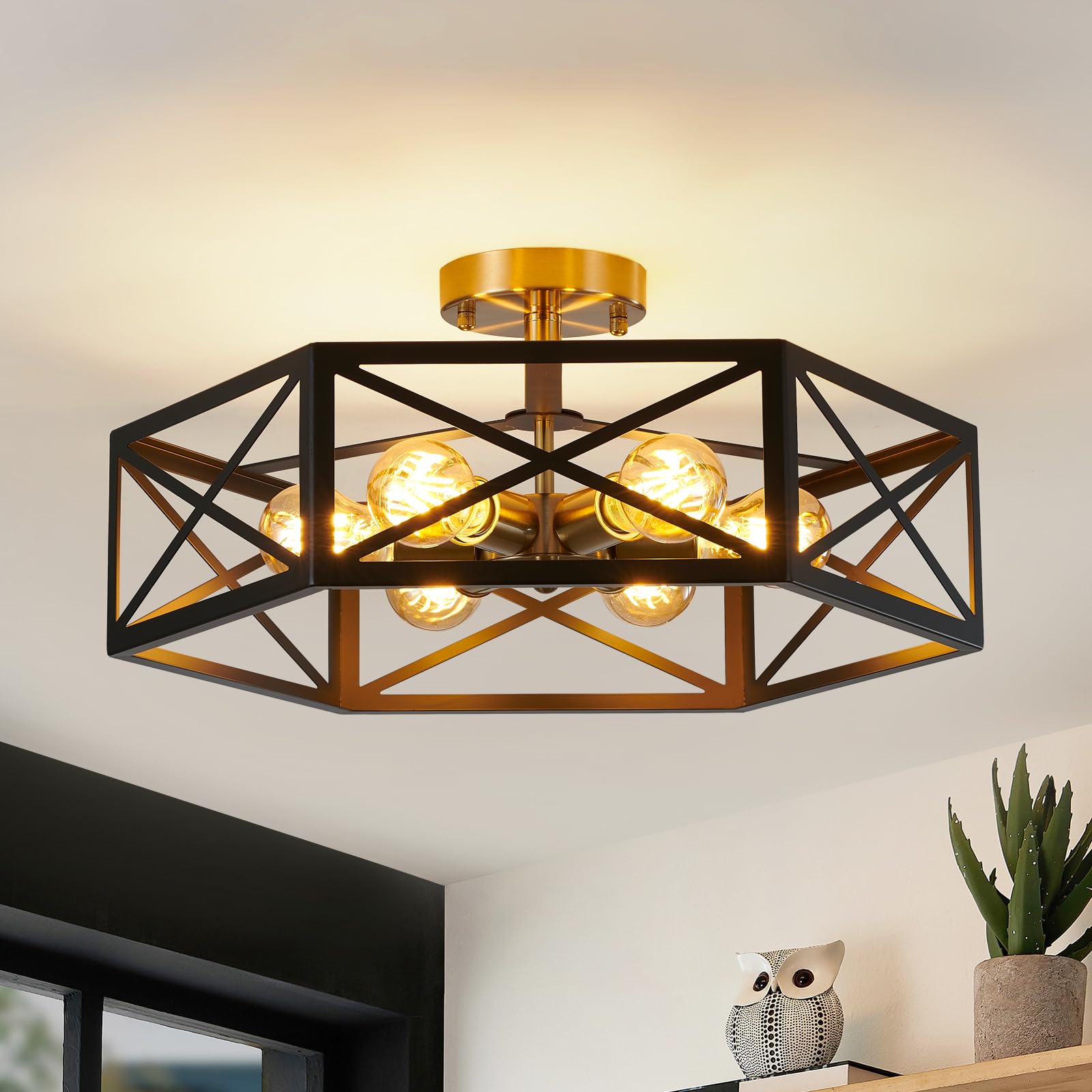 6 Light Semi Flush Mount Ceiling Light, Black Gold Ceiling Light, Industrial Hallway Light Fixtures Ceiling Mount, Modern Metal Hexagon Cage Ceiling Lamp for Kitchen, Bathroom