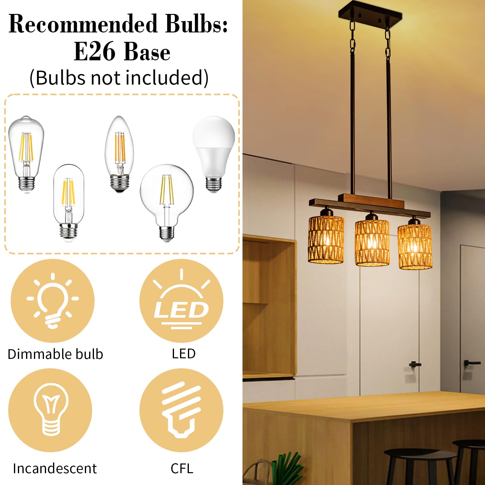 Rattan Kitchen Island Light Fixture, 5 Lights Boho Rectangle Pendant Lights for Dining Room, Farmhouse Chandeliers Over Table, Modern Ceiling Hanging Kitchen Light Fixtures, Height Adjustable