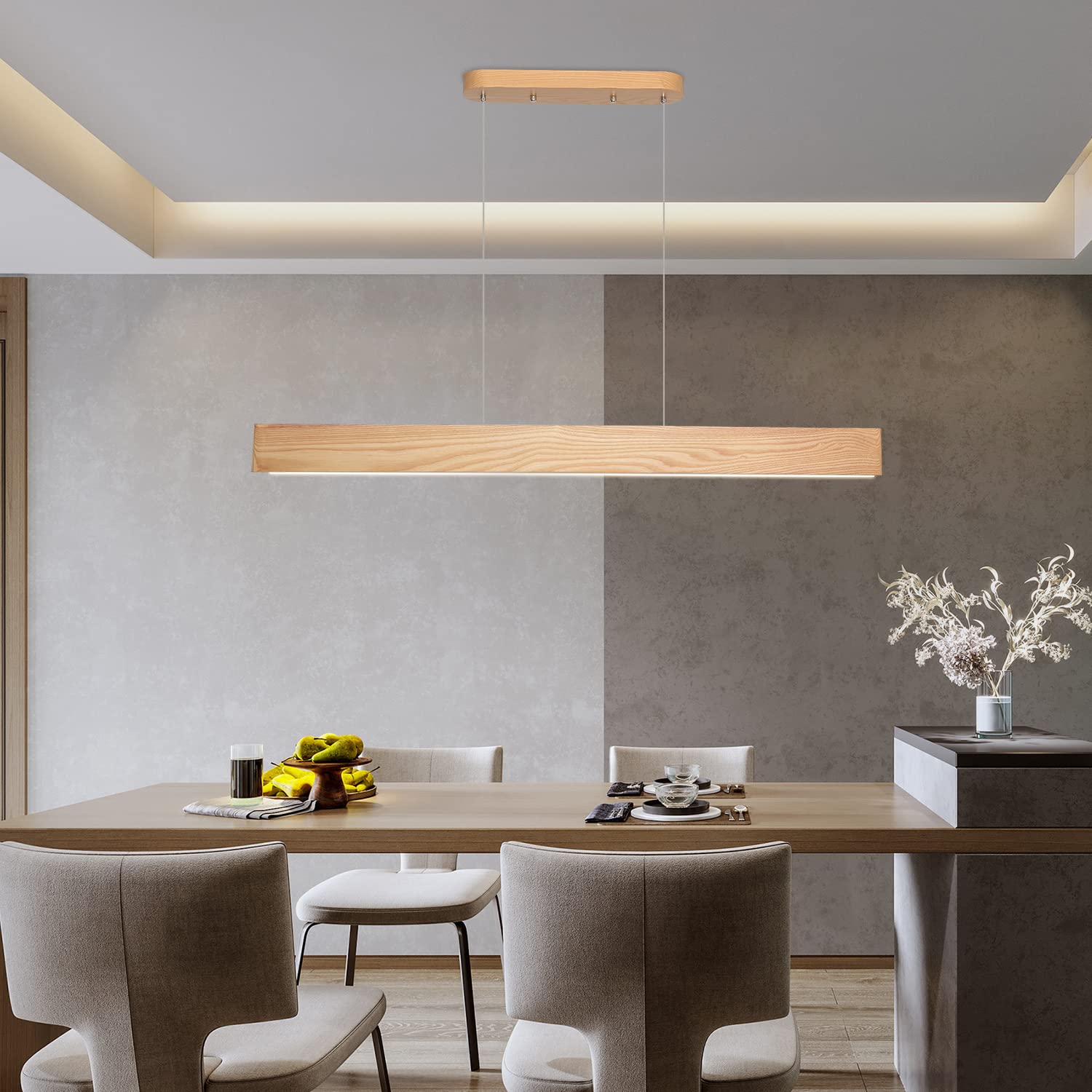 47" 36W LED Pendant Light Solid Ash Wood Linear Pendant Light Dimmable Dining Room Light Fixture Linear Chandelier for Kitchen Island Office Natural Wood Color