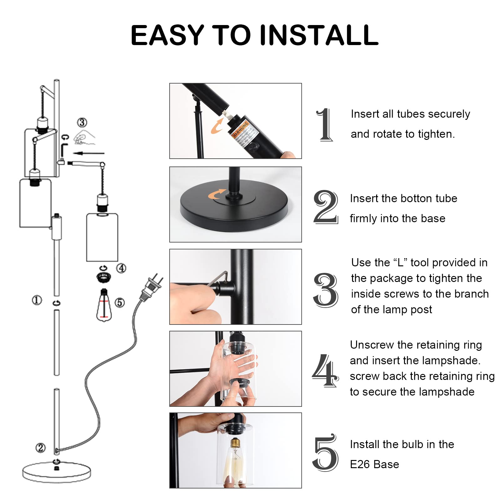 Industrial Floor Lamp with On/Off Dimmable Switch, 3-Head Rustic Tree Standing Lamp, Edison Bulb 40W Retro Tall Glass Floor Light for Living Room, Reading, Office, Bedroom, Black