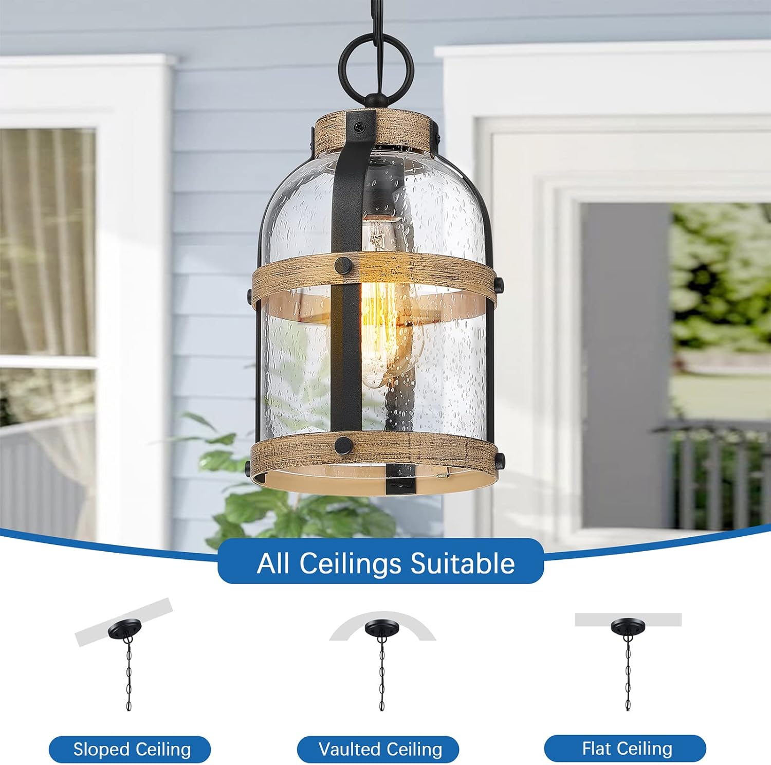 Outdoor Pendant Light for Porch,Waterproof Modern Exterior Hanging Lantern with Adjustable Chain, in Black and Wood Grain Finish with Air Bubble Glass for Front Door,Entryway,Farmhouse