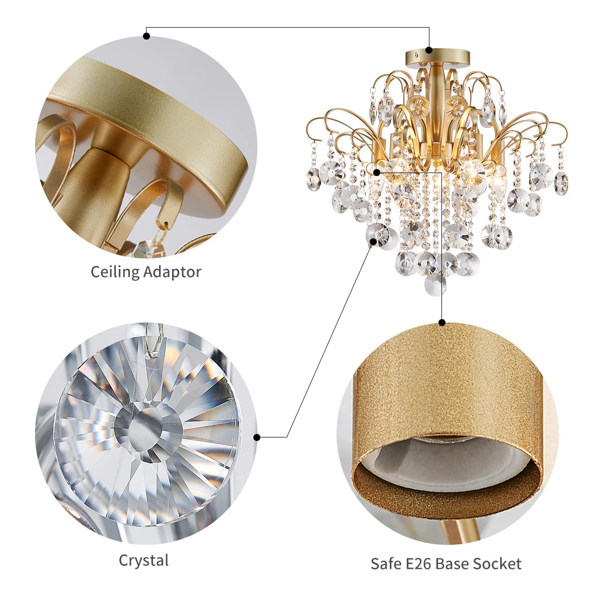 Crystal Chandelier Flushmount Ceiling Light Modern Lighting Fixture for Bedroom Hallway Bar Kitchen Bathroom, H 17.5'' x W 19.3'', E12 Base, Gold