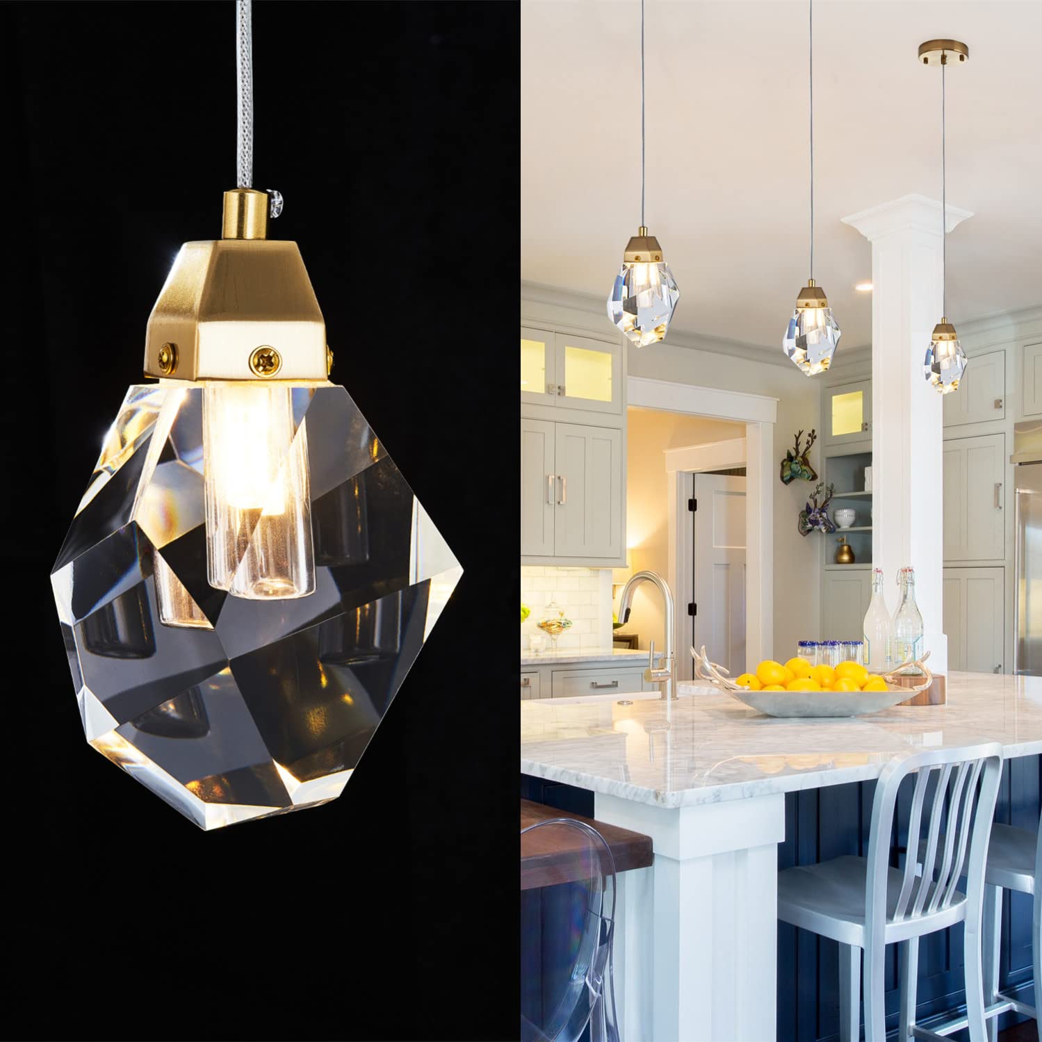 3 Lights Crystal Pendant Light Modern Cluster Chandelier - Dimmable LED Pendant Light Fixture with Brass Teardrop Design - Stylish Lighting for Kitchen Island, Dining Room, Hallway, Bathroom