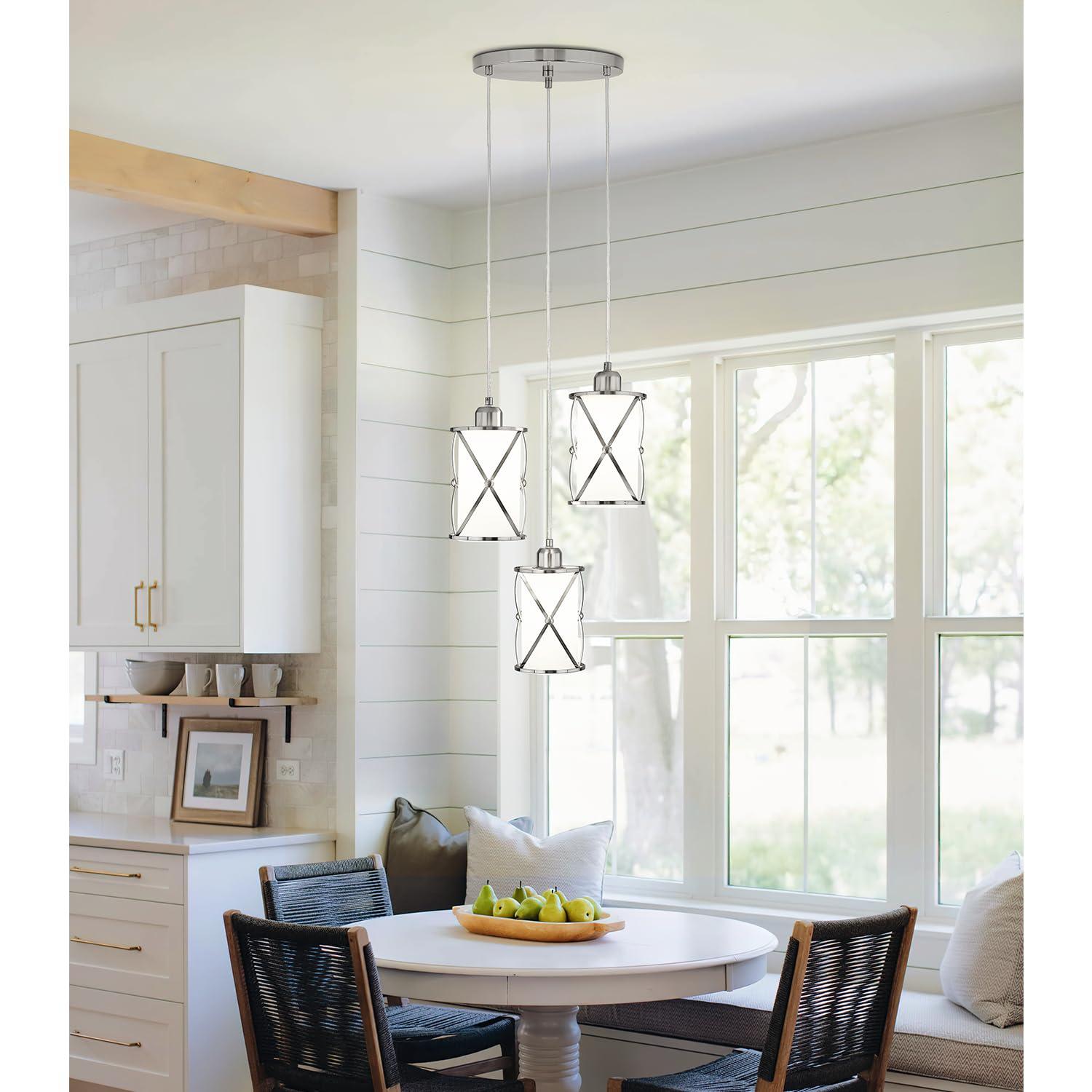 Brushed Gold Pendant Light Fixtures, 3-Light Modern Dining Room Cluster Pendant Light with Milky Glass, Mid Century Cage Hanging Pendant Lighting for Kitchen, Adjustable, CH9176BGW3