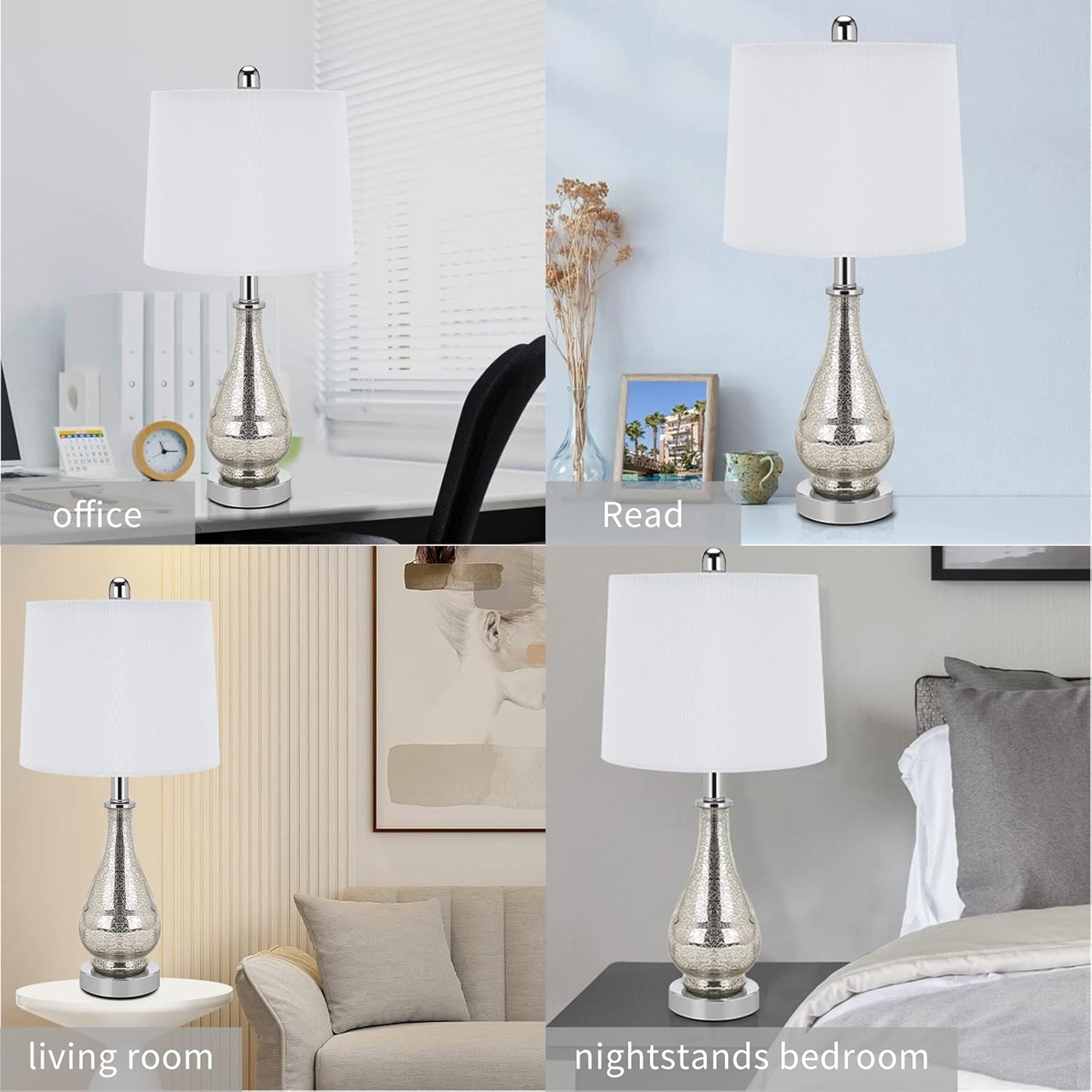 Glass Table Lamps Set of 2, Modern 23.5” High Silver Mercury Glass Bedside Lamps, for Bedroom Living Room Home Office Desk Nightstand Table Lamp