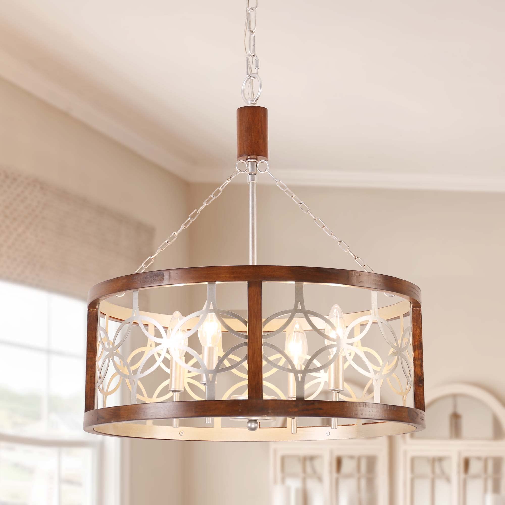 Rustic Farmhouse Chandelier, 4-Light Handmade Wood Pendant for Kitchen, Dining, Foyer, W19.7 x H21.6, Weathered Wood