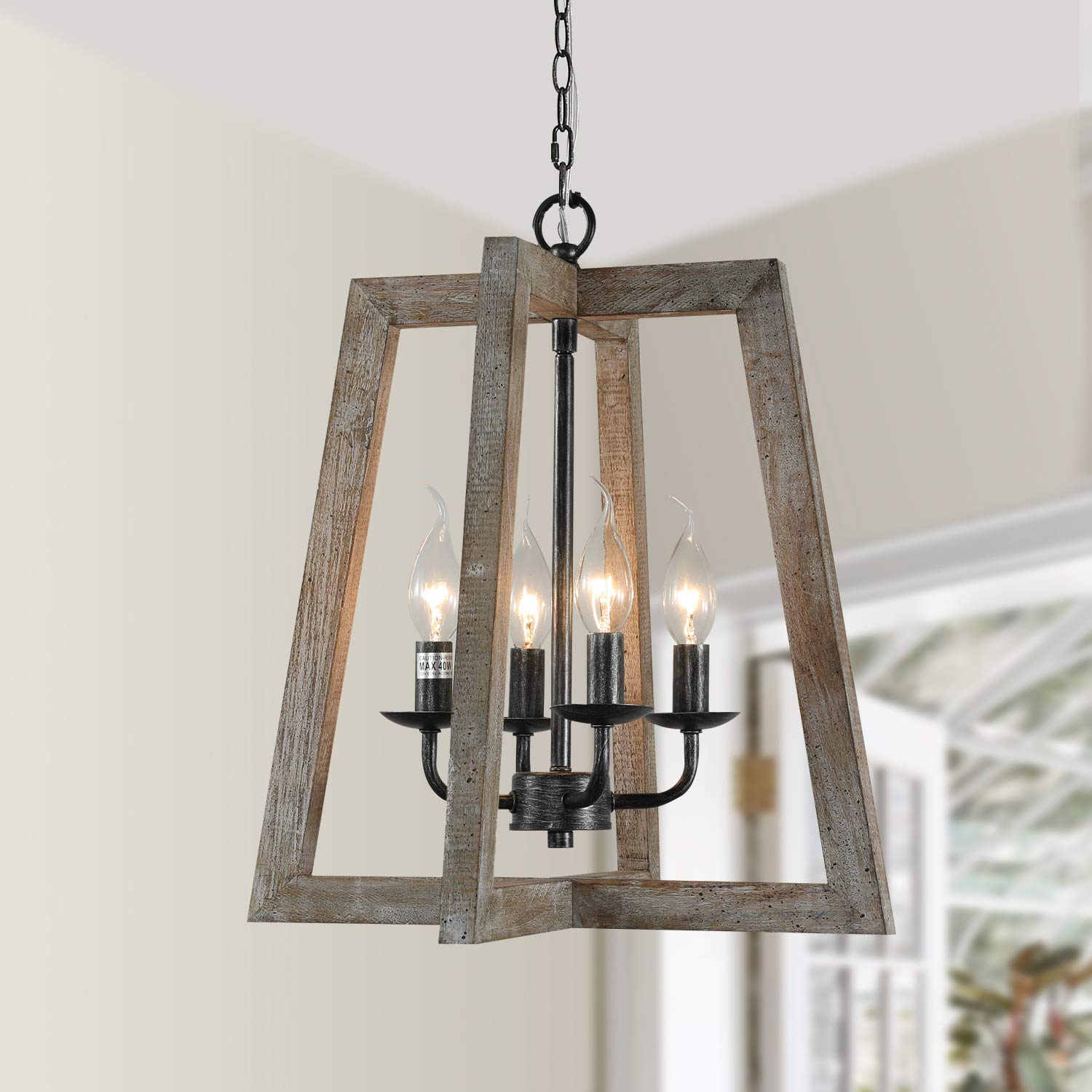 Farmhouse Chandelier,Wood Pendant Light,4-Light Wooden Ktchen Pendant Lighting Over Island,Foyer,Entryway,Hallway,Bedroom,Living Room,Kitchen