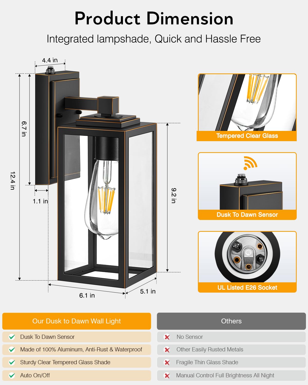 2 Pack Dusk to Dawn Outdoor Wall Lighting, Black Exterior Light Fixture Wall Mount for House Front Porch, Anti-Rust Aluminium Modern Outdoor Wall Lantern with Tempered Glass Shade for Garage