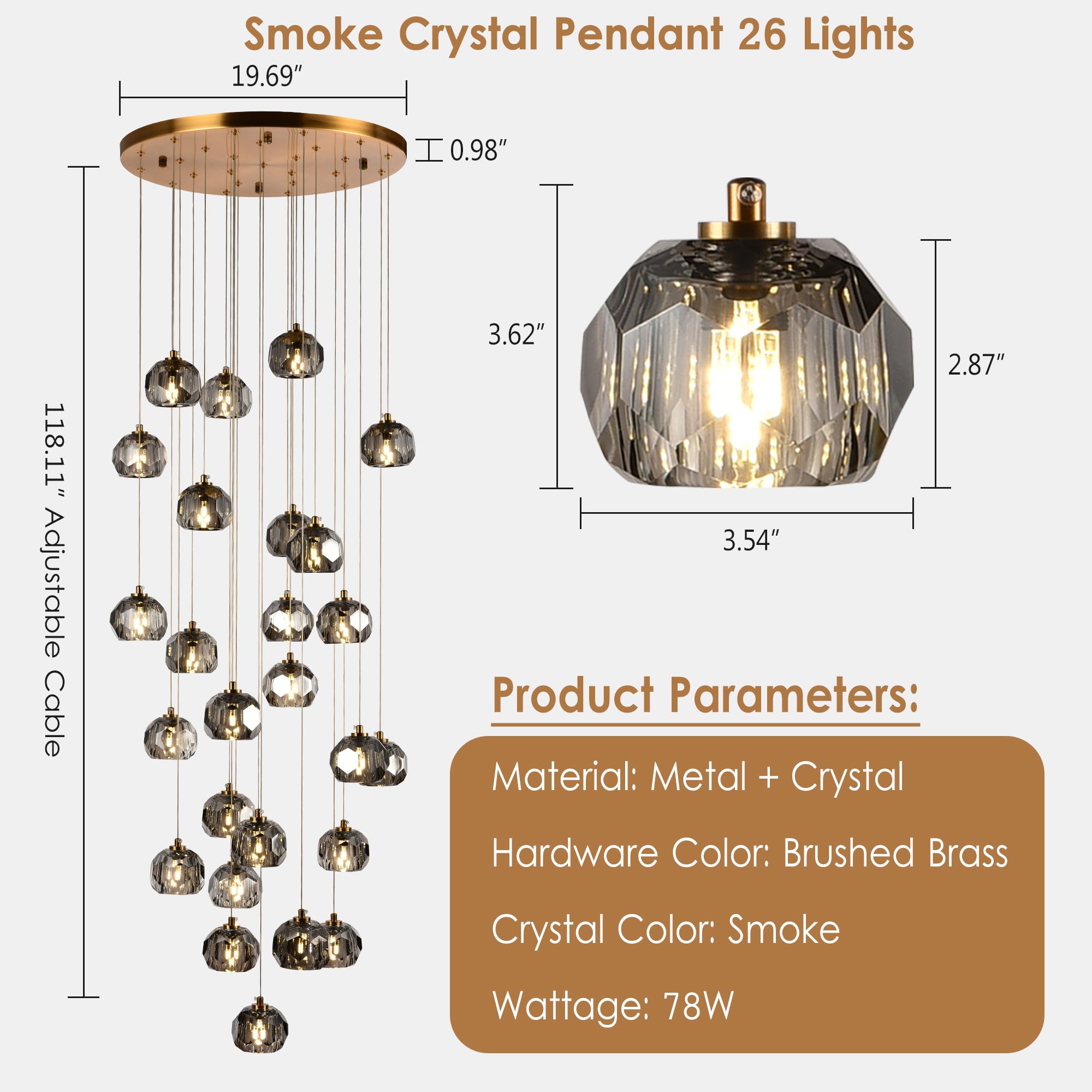 3-Light Prism Crystal Pendant Light, Modern Smoke Crystal Pendant Light Fixtures 9W, Triple Pendant Round Ceiling Pendant Lighting for Dining Room Kitchen Island