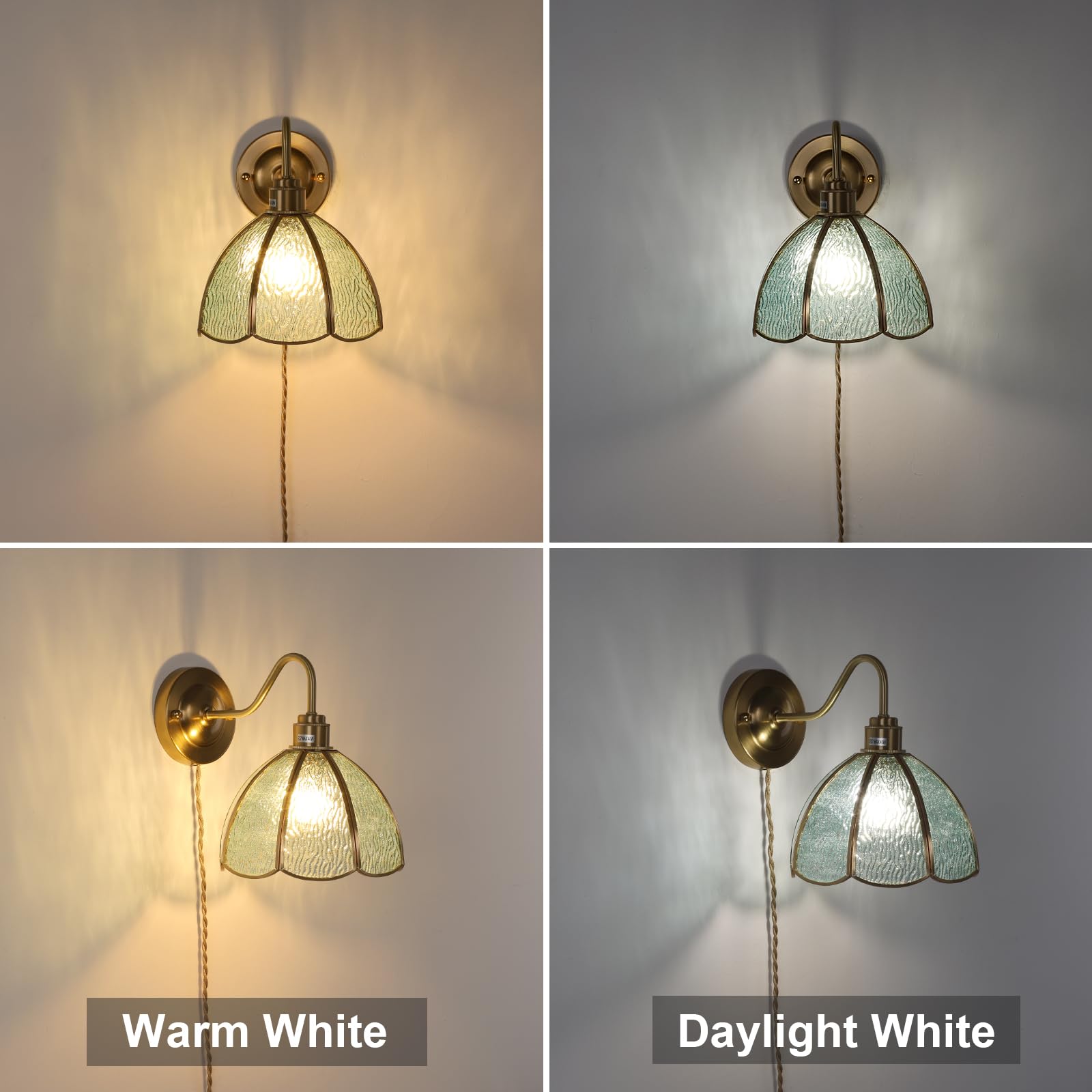 Wall Sconce, Wall Mounted Lamps with Green Checker Sconce, Stained Glass Shade Brass Wall Lights Fixture with Plug in Cord and Switch for Bedroom Bathroom Living Room Hallway