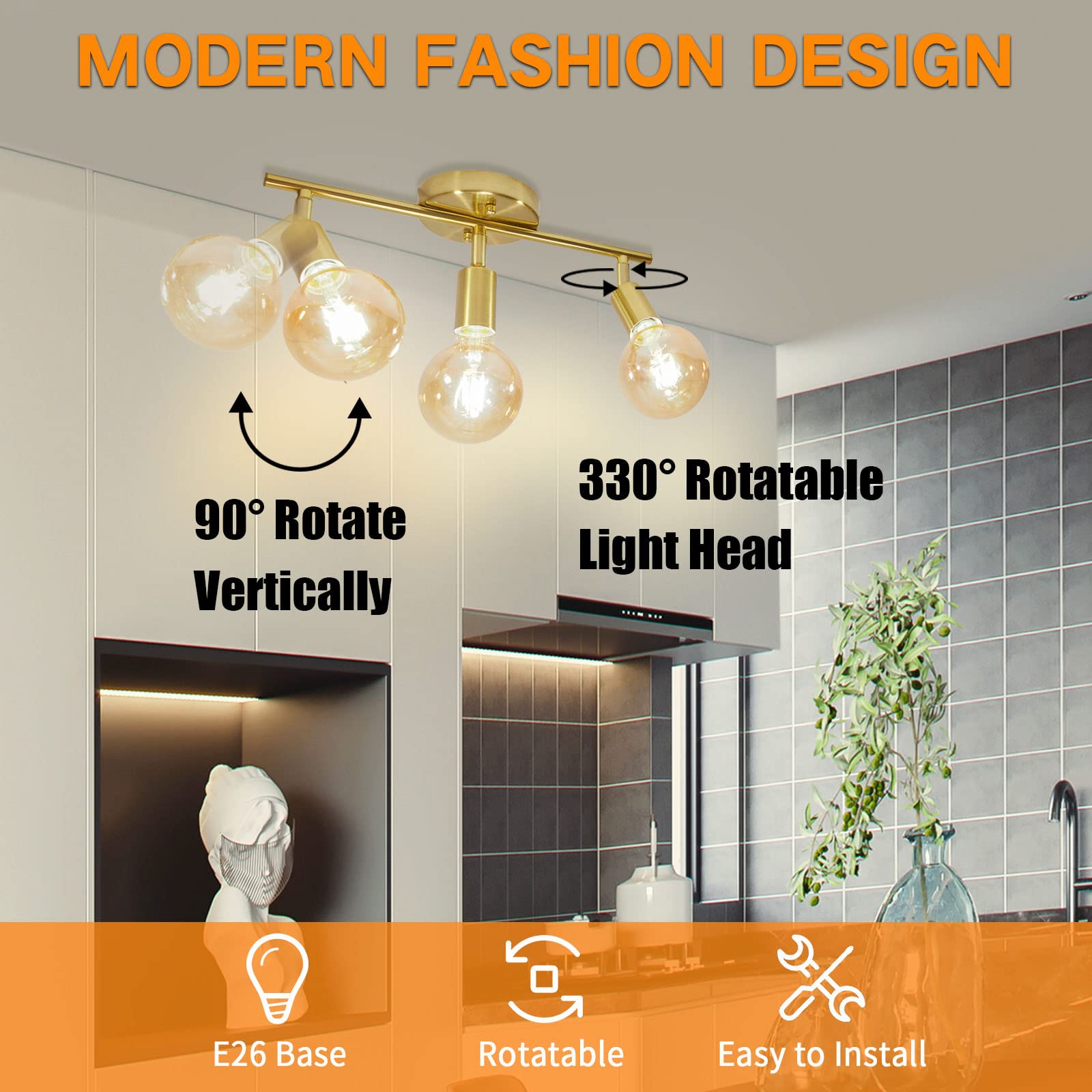 4 Lights Track Lighting Fixtures Ceiling, Flush Mount Gold Track Lights Kit, Modern Directional Kitchen Ceiling Lamp with Flexibly Adjustable E26 Light Heads, for Living Room, Office