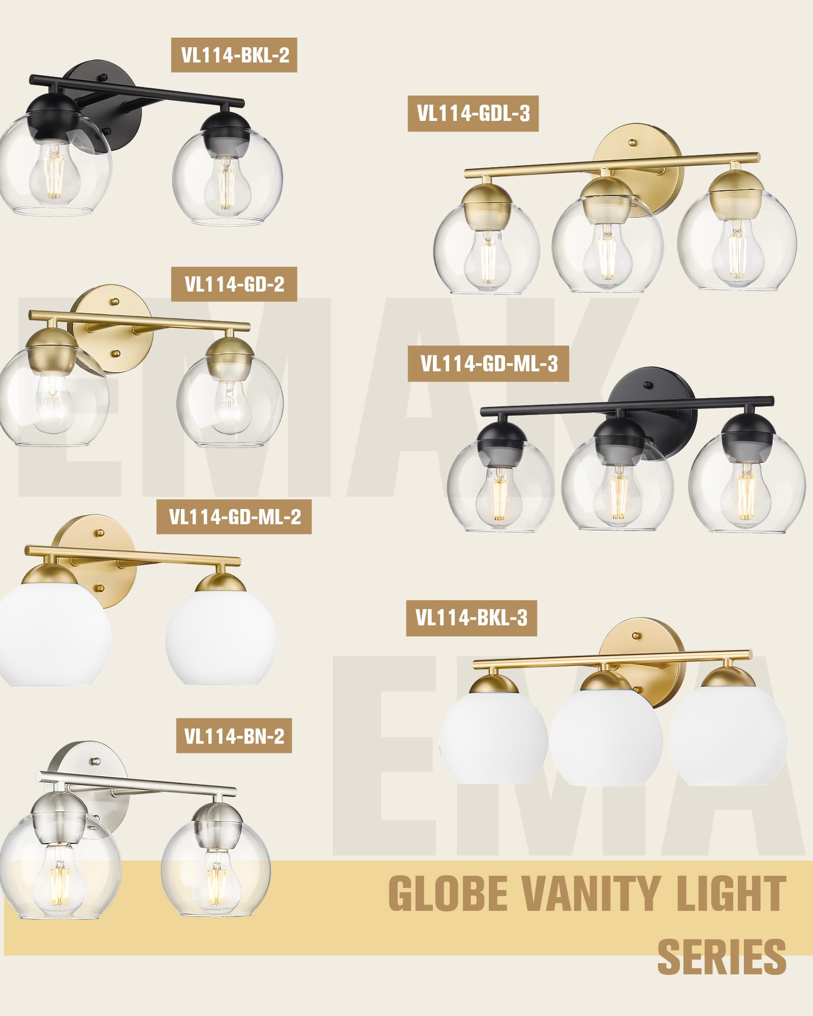 Black Vanity Lights for Mirror, Modern Farmhouse 2-Light Bathroom Light Fixtures Globe Bathroom Vanity Light with Milk Glass Shade, VL114-BK-ML-2