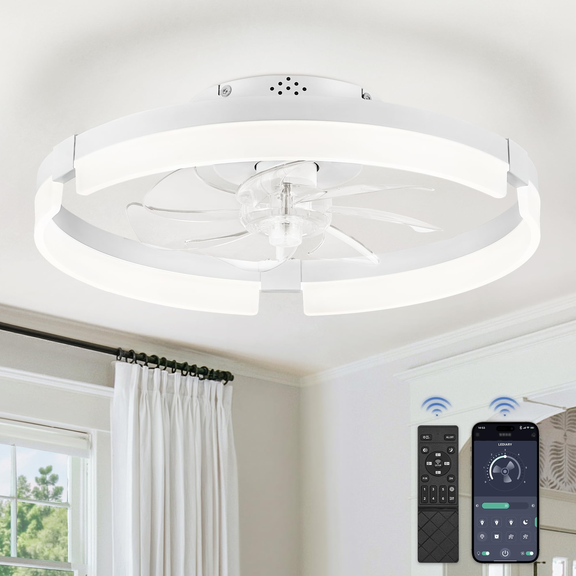 Ceiling Fans with Lights and Remote, 19.7 Inch Low Profile Ceiling Fan, 6 Speeds, Reversible, Dimmable Flush Mount Fan Light,Modern and Bladeless Ceiling Fan with Light for Bedroom, White