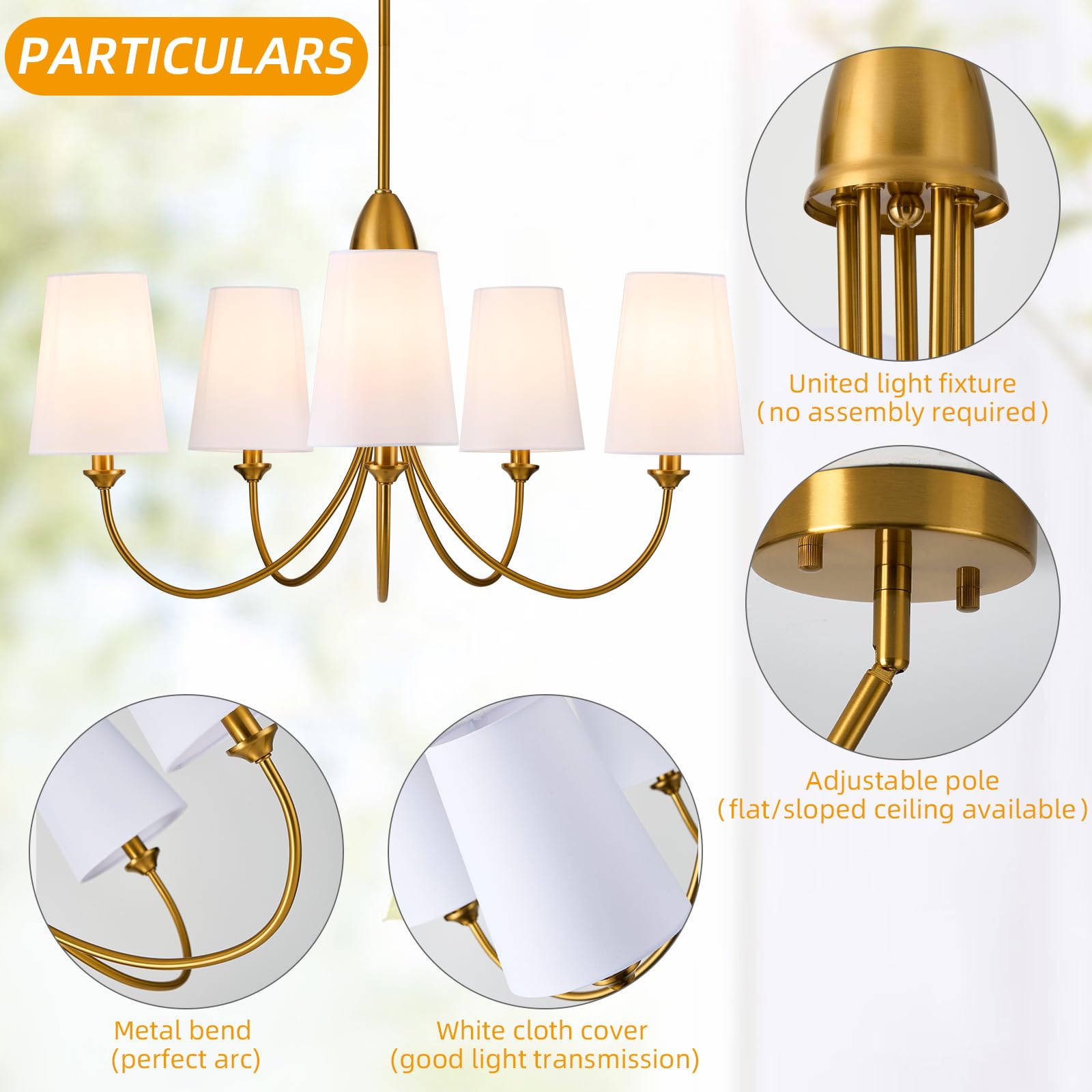 Gold Chandelier Light Fixture,5-Light Farmhouse Chandeliers for Dining Room with White Fabric Shade,30''Metal Modern Industrial lighting fixtures for Kitchen,Living Room, Bedroom, Foyer,Entryway