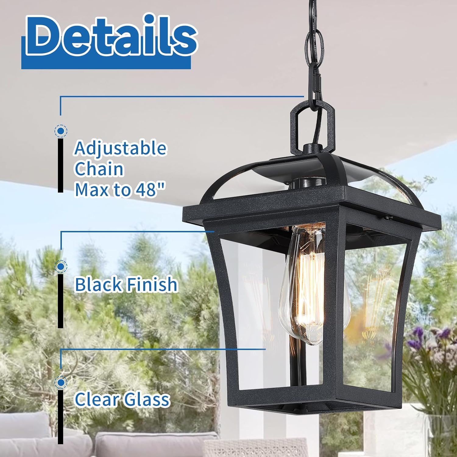 Outdoor Pendant Lights for Porch, Farmhouse Exterior Hanging Lights Fixture with Adjustable Chain,Modern Black Outdoor Chandelier Lantern with Clear Glass for Front Porch, Yard, Gazebo