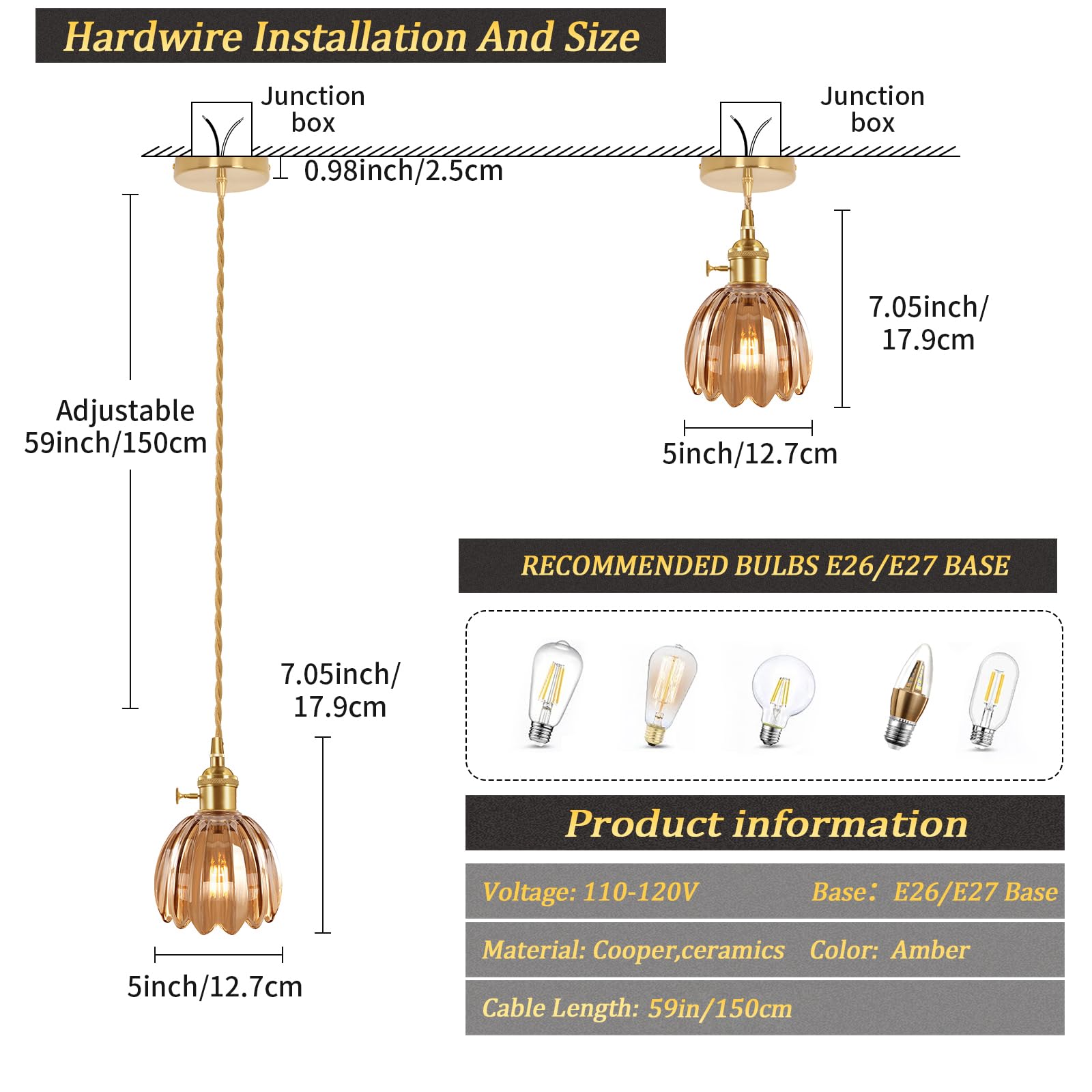 Pendant Light with White Pleated Ceramic Lmapshade, Brass Vintage Pendant Light Adjustable Hanging Light for Kitchen Island Dining Room Hallway 7.87 Inch Diam