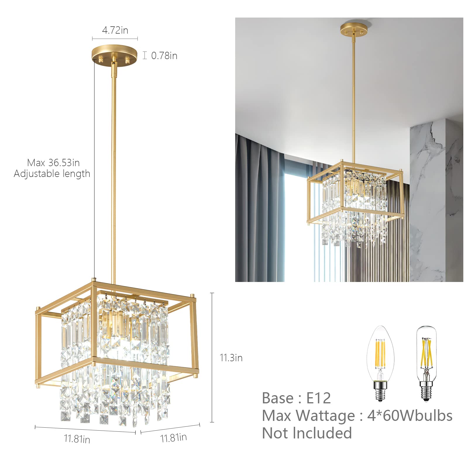 4-Light Dining Room Light Fixture 11.81 inch Square Lndustrial Farmhouse Chandelier Gold Metal Crystal Pendant Light for Kitchen Island Dining Room Living Room Flat and Inclined Ceiling