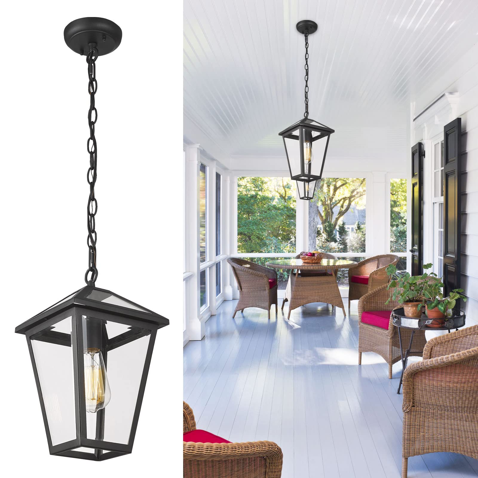 Outdoor Pendant Light for Porch, Exterior Hanging Lantern Outdoor Chandelier in Black Finish for Entryway, Doorway, Farmhouse, Foyer