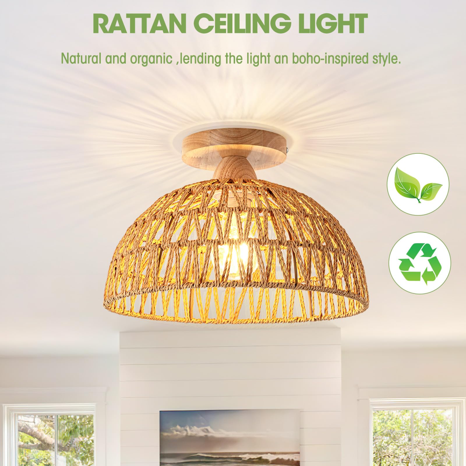 Rattan Pendant Light Fixture Basket Hanging Drum Chandelier Basket Light White Boho Ceiling Light Flush Mount Ceiling Light Woven Kitchen Chandelier for Dinning Room Hallway Bedroom Chandelier