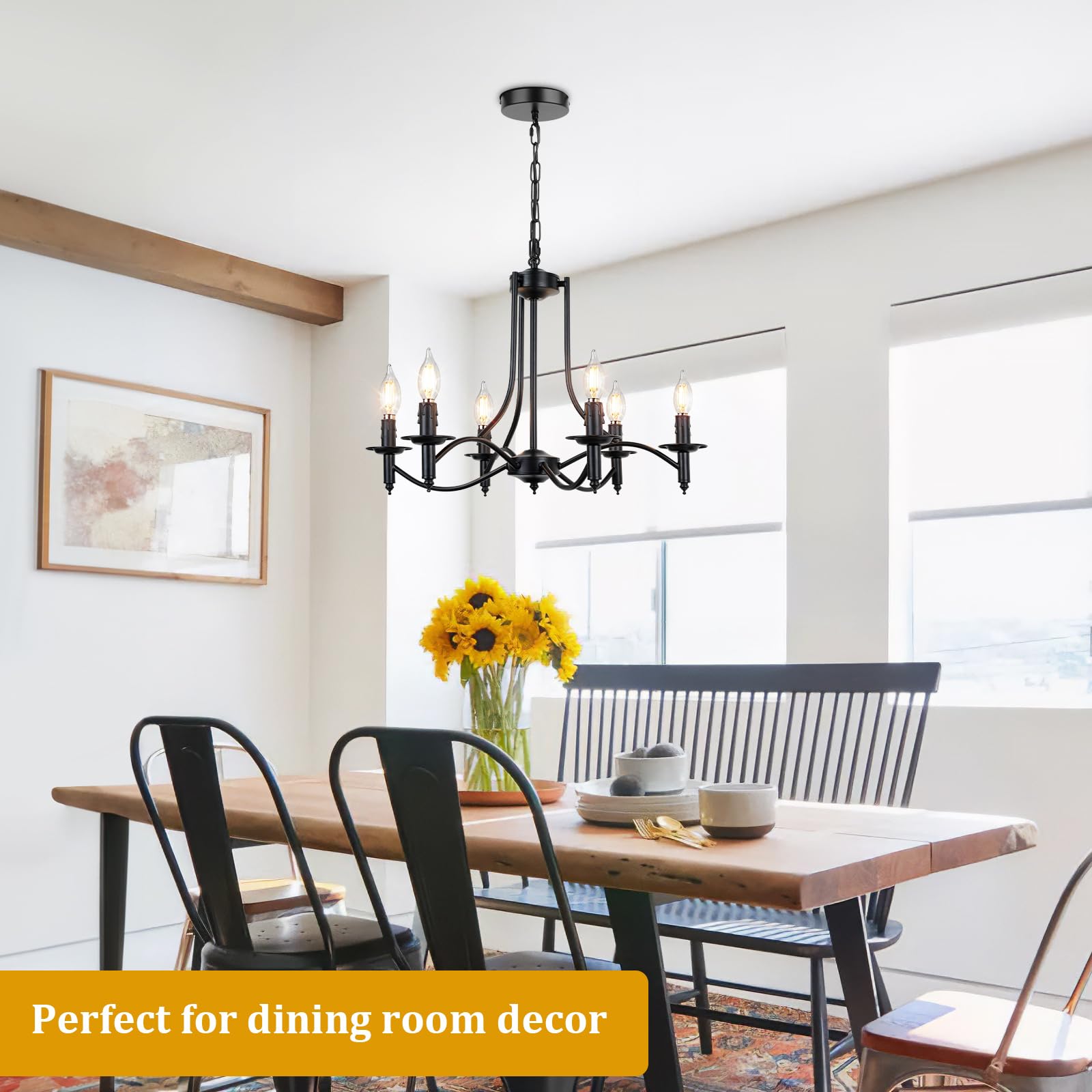 Brightever Black Chandelier, 6-Light Farmhouse Chandeliers for Dining Room, Modern Candle Hanging Pendant Lights Fixture for Living Room Foyer Kitchen Island Entryway Hallway Bedroom