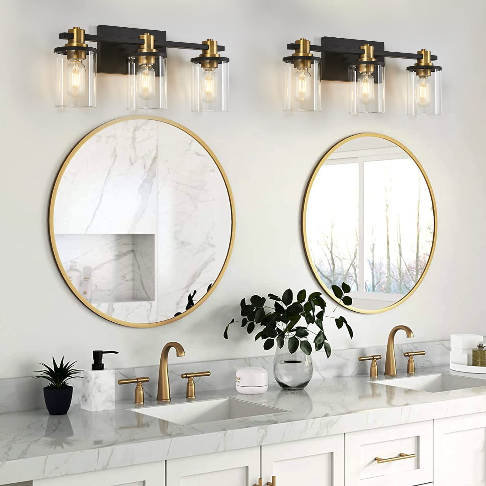 3 Light Bathroom Vanity Light, Black and Gold Bathroom Light Fixtures with Clear Glass Shade, Matte Black Finish, Brushed Gold Copper Accent Socket, Modern Gold Vanity Lights for Bathroom Over Mirror