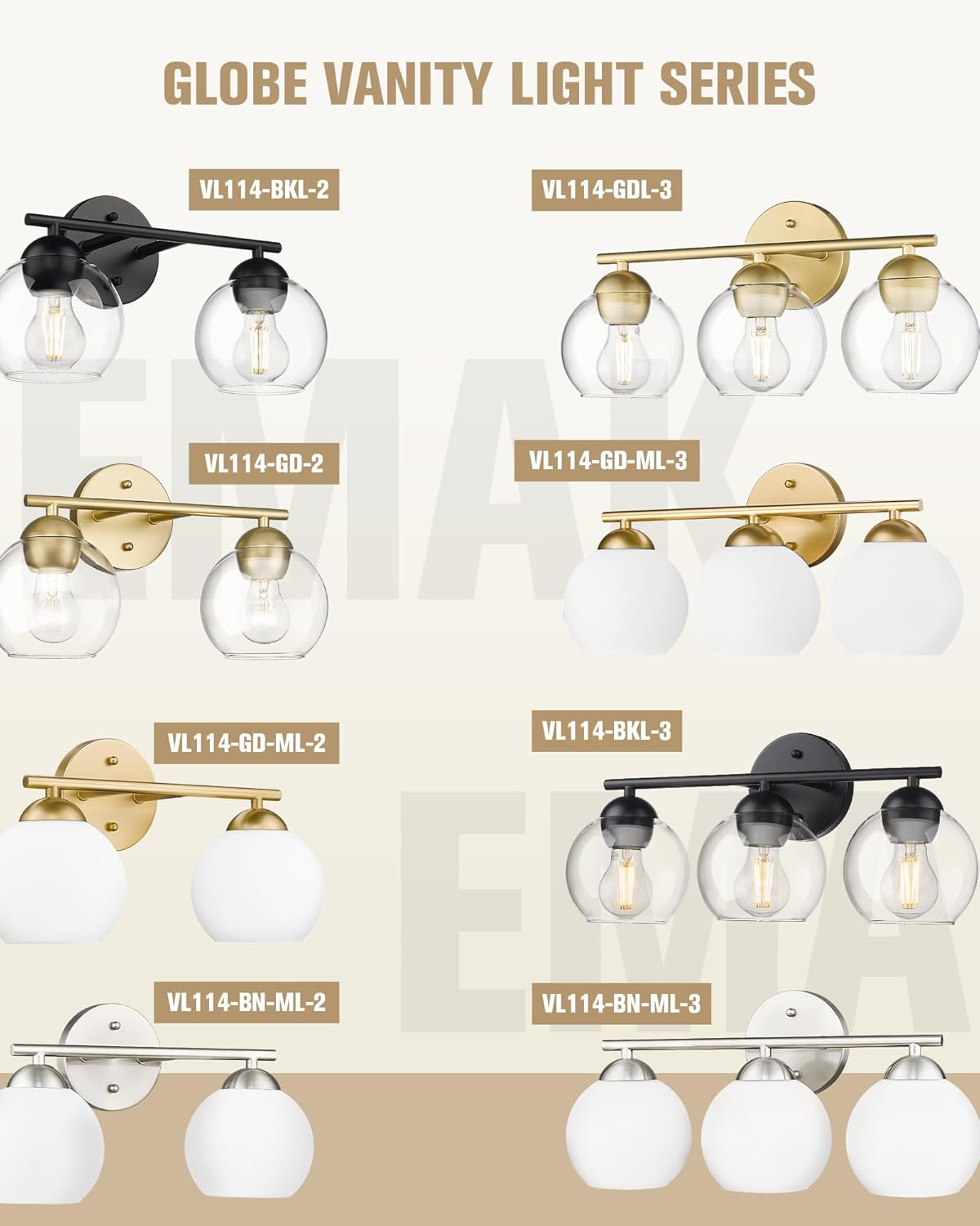 Black Vanity Lights for Mirror, Modern Farmhouse 2-Light Bathroom Light Fixtures Globe Bathroom Vanity Light with Milk Glass Shade, VL114-BK-ML-2