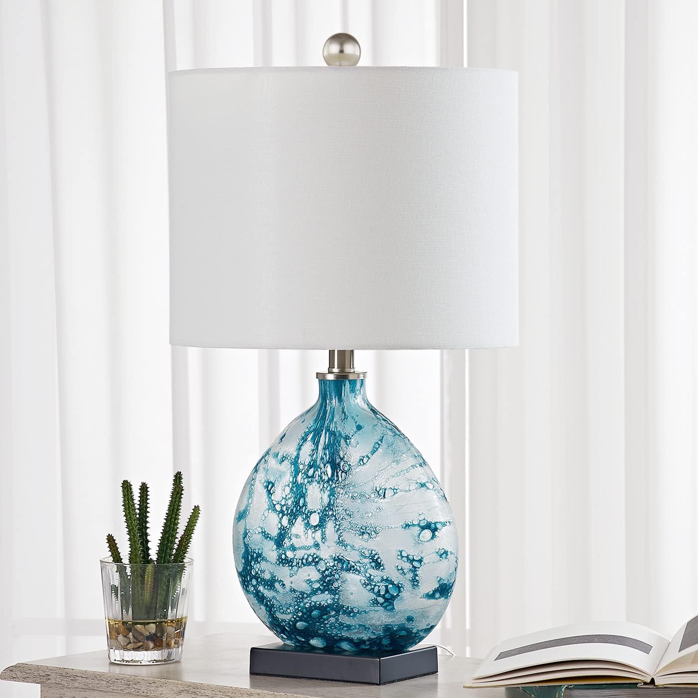 Maxax Coastal Glass Table Lamp, 3-Way Dimmable Blue Glass Bedside Lamp with White Drum Shade for Living Room Bedroom Nightstand