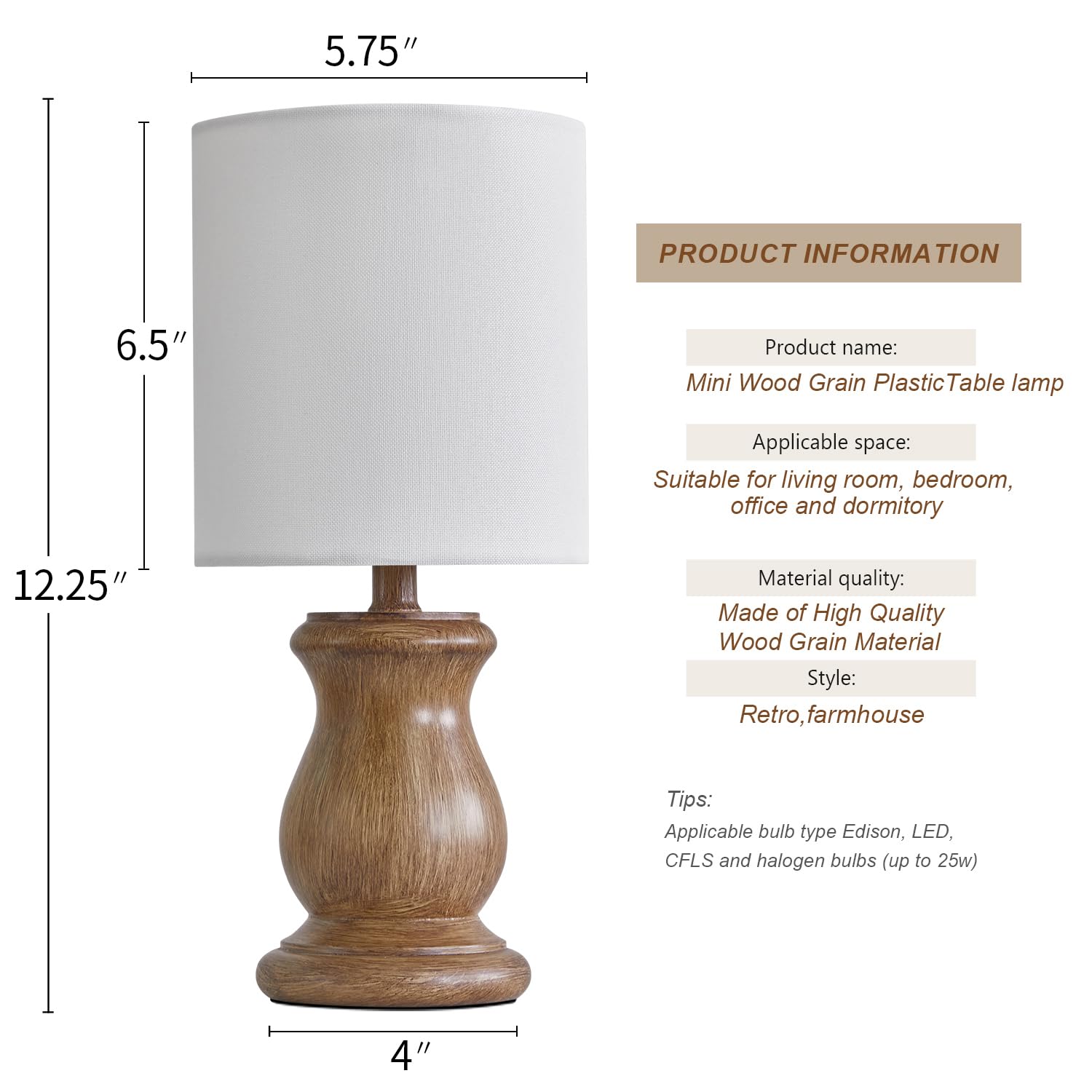 12.25" Small Table Lamp for Bedroom Living Room Simple Retro Wood Grain Farmhouse Bedside Lamps Suitable for Nightstand Children's Room or University Dormitory