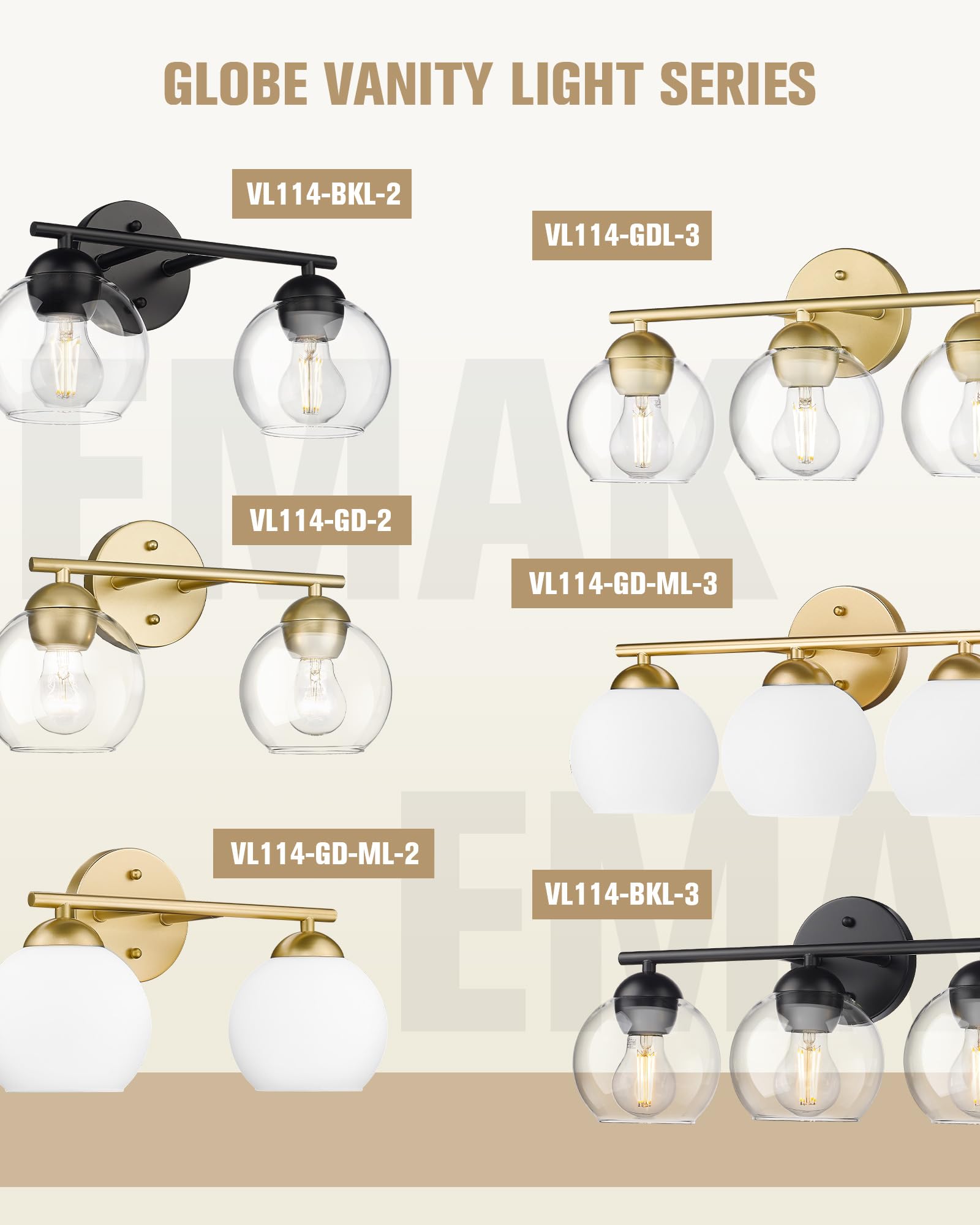 Black Vanity Lights for Mirror, Modern Farmhouse 2-Light Bathroom Light Fixtures Globe Bathroom Vanity Light with Milk Glass Shade, VL114-BK-ML-2