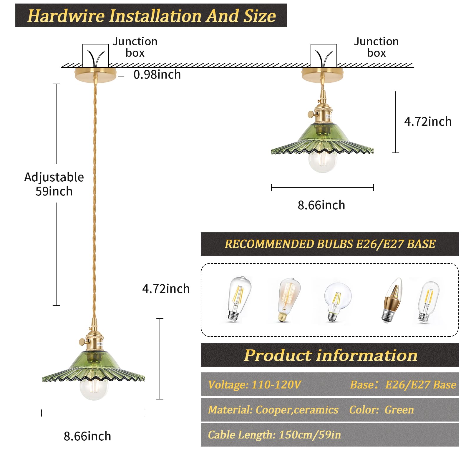 Pendant Light with White Pleated Ceramic Lmapshade, Brass Vintage Pendant Light Adjustable Hanging Light for Kitchen Island Dining Room Hallway 7.87 Inch Diam