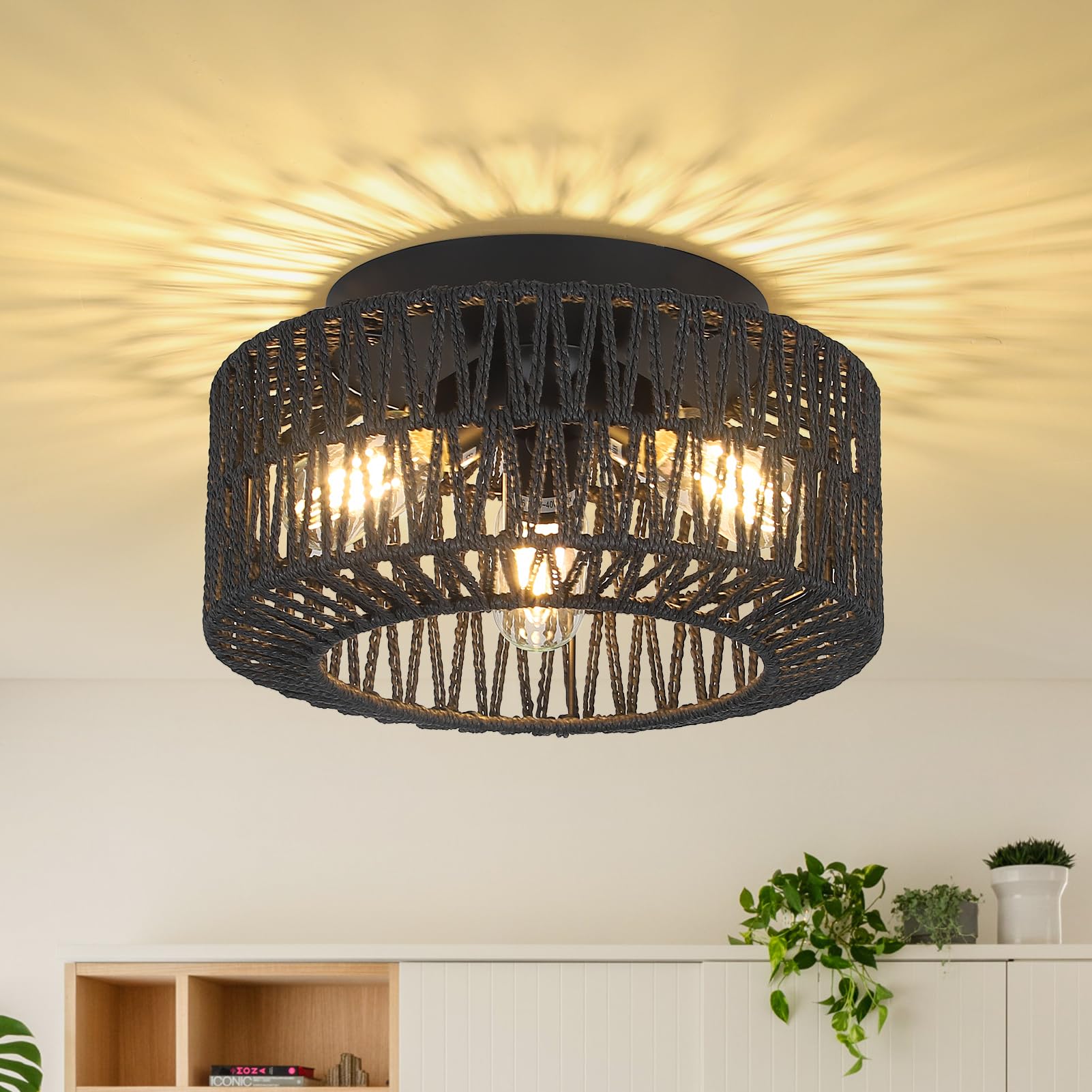 Boho Light Fixtures Ceiling Mount, 3-Light Farmhouse Rattan Ceiling Light Fixture, Flush Mount Ceiling Light with Hand-Woven Shade, Modern Chandelier for Living Bedroom Entryway Kitchen Nursery