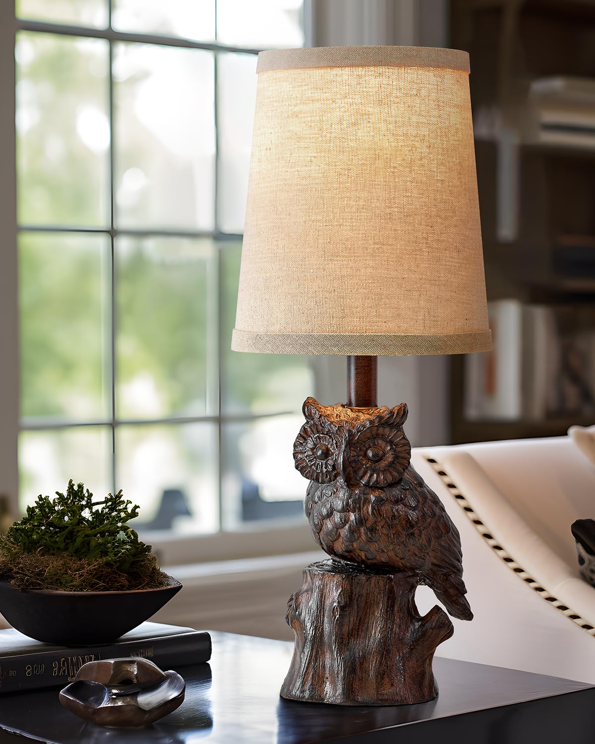 Small Table Lamp for Living Room Farmhouse Bedside Resin Single Lamp with Brown Owl Lamp Shape for Bedroom Retro Rustic Nightstand Lamp