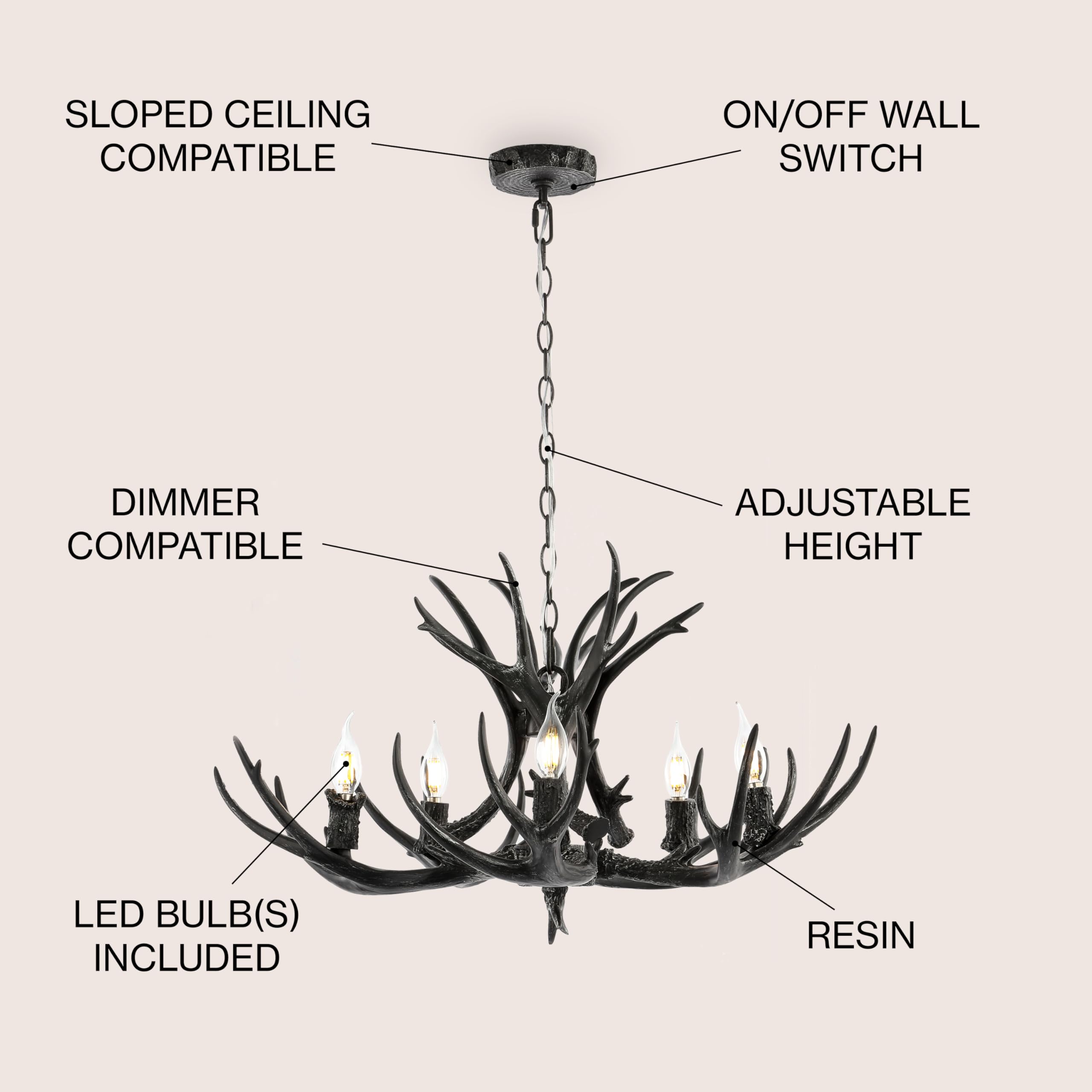 30" Adjustable Resin Antler 5-Light LED Chandelier, Glam, Rustic,Cottage,Transitional, Dimmable Dining Room, Living Room, Kitchen, Foyer, Bedroom, White