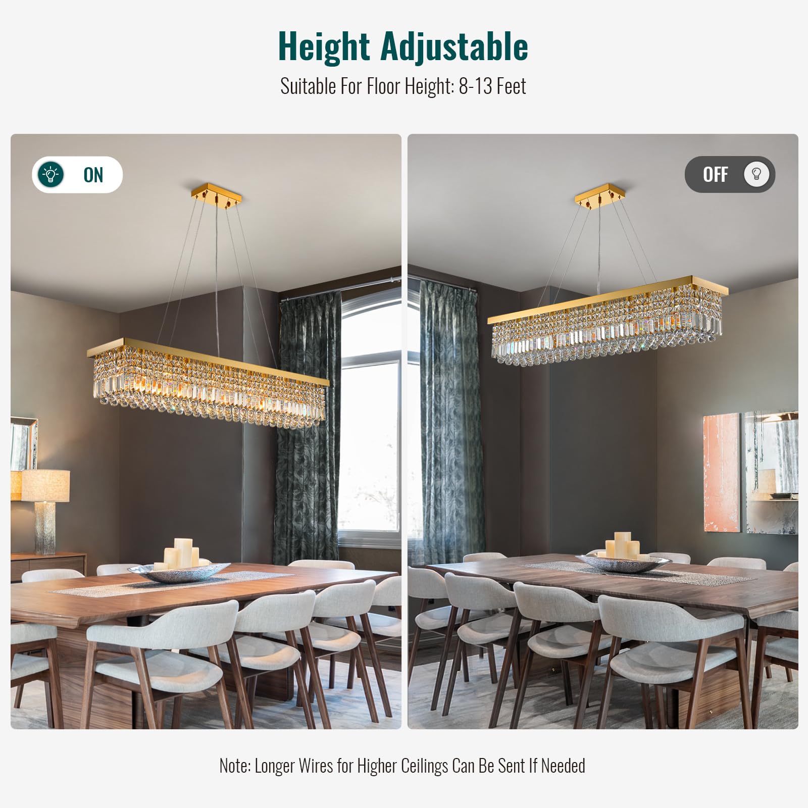 6-Light Modern Crystal Chandelier Rectangular Gold K9 Crystal Raindrop Chandelier for Dining Room, Luxury Adjustable Ceiling Pendant Light for Living Room Kitchen Island L31.5'' x W10'' x H10''