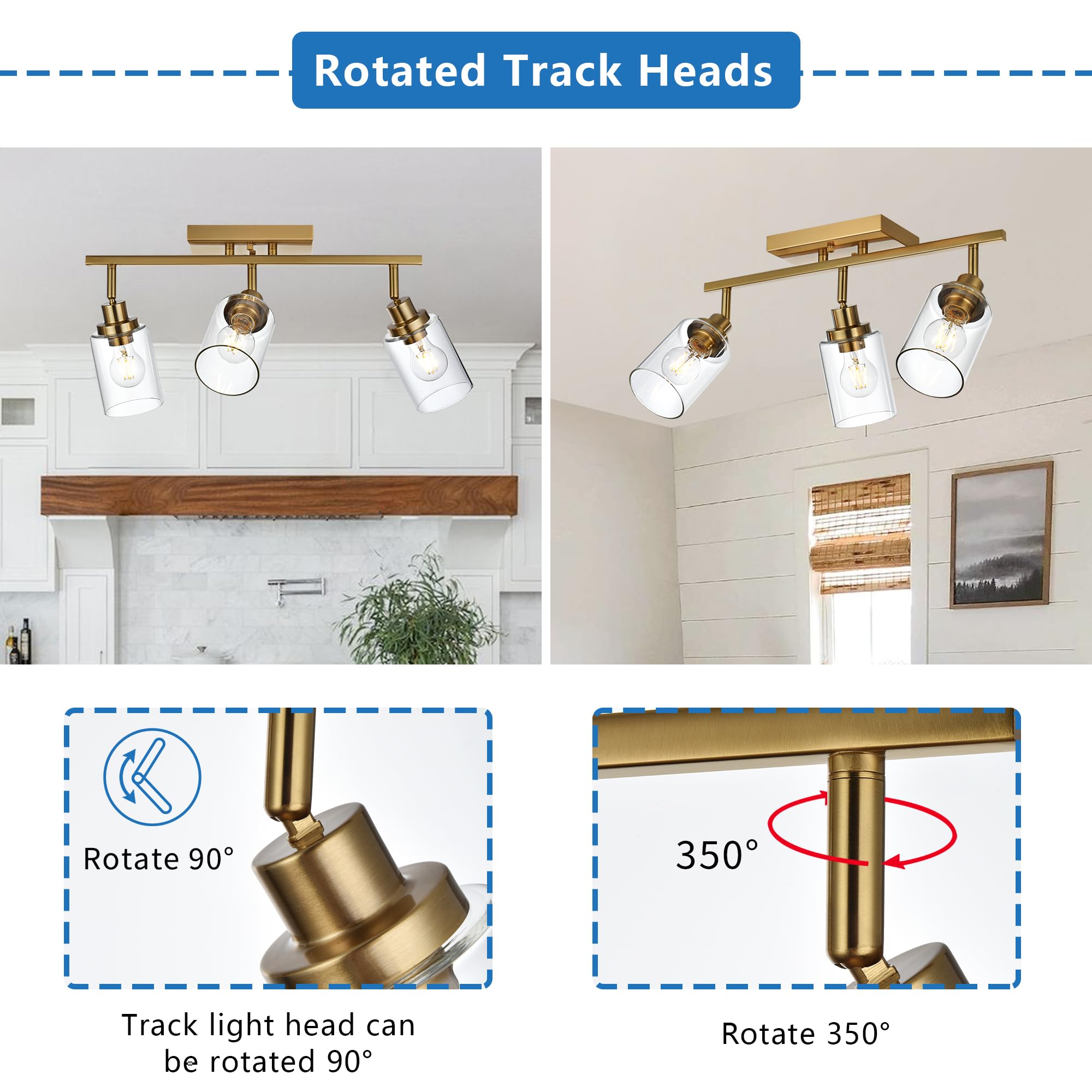 2-Light Adjustable Track Lighting Kit Brass Kitchen Track Lighting Fixtures Ceiling Spotlight with Clear Glass Shade for Hallway Foyer Bath Storage