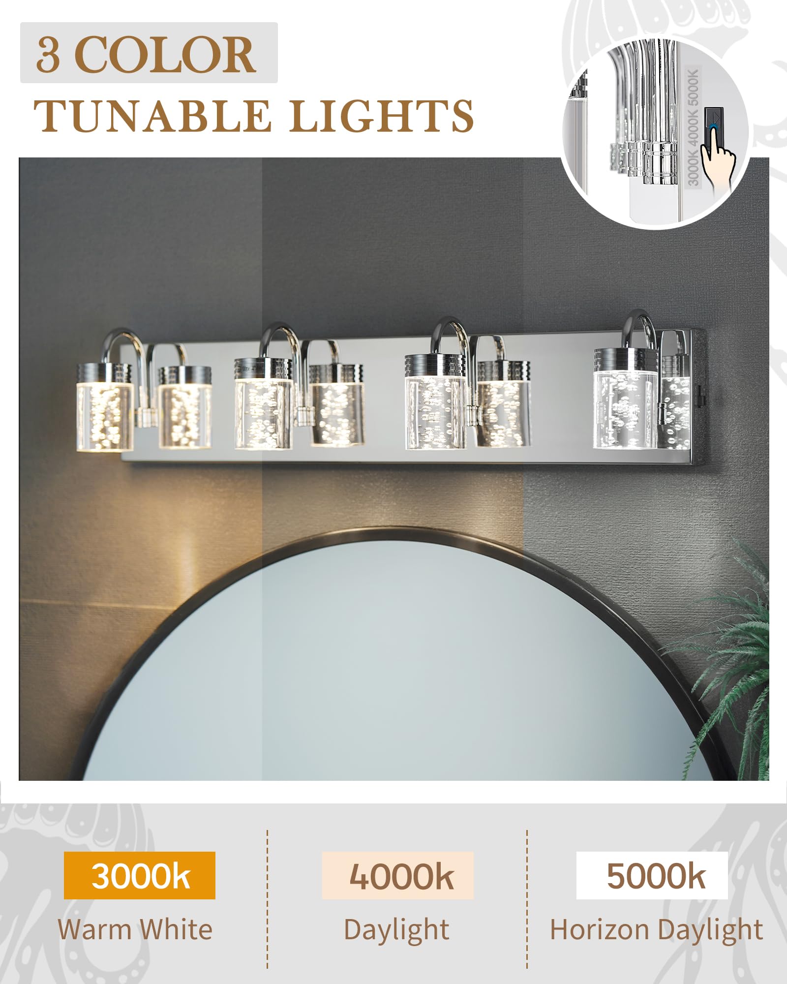 4 Lights Dimmable Crystal LED Vanity Light, Modern Matte Black Bathroom Light Fixtures 16W 3000/4000/5000K, LMS-193