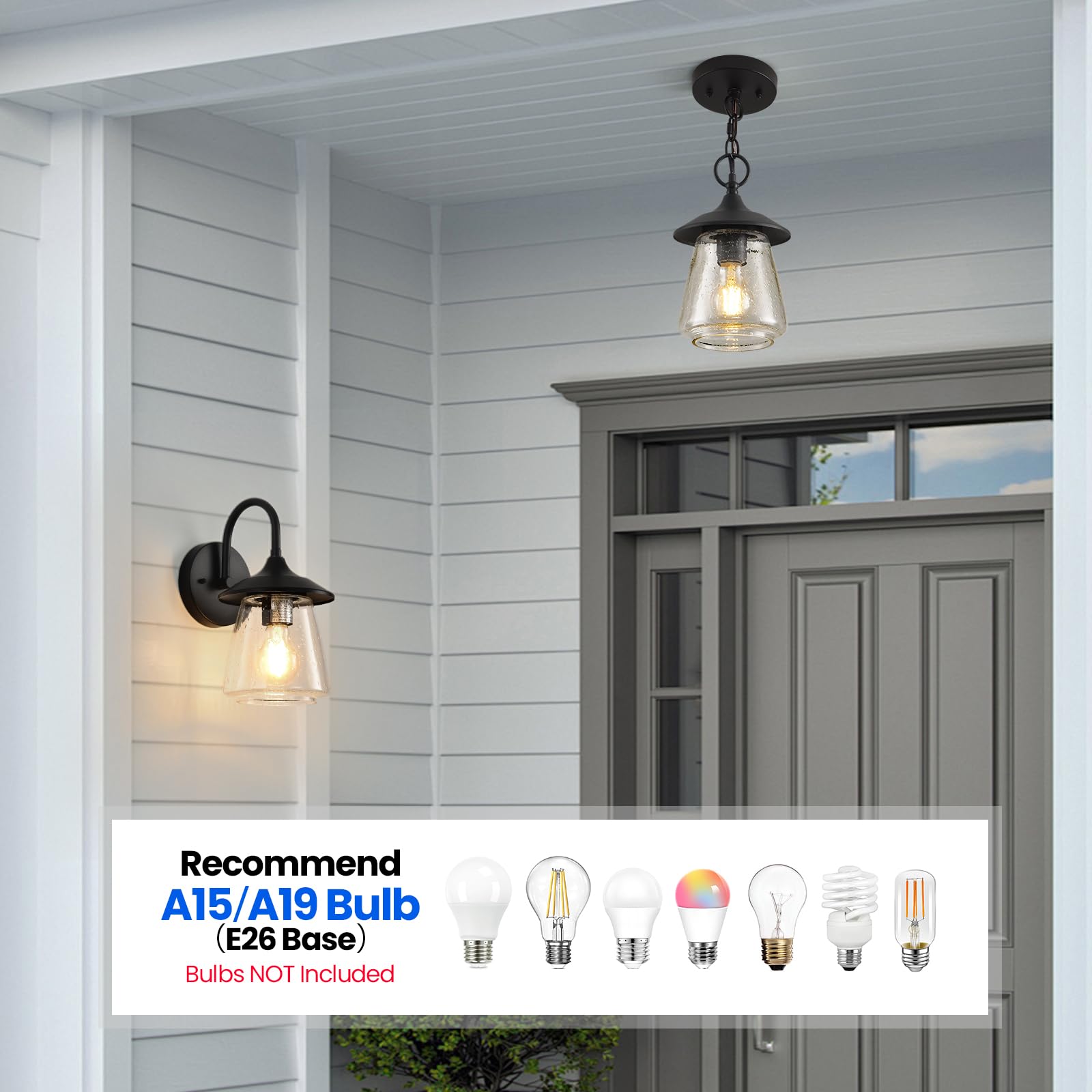 Outdoor Pendant Light, Black Outdoor Porch Light fixtures with Anti-Rust, Exterior Hanging Lantern, Height Adjustable Outside Chandelier with Water Glass for House Patio Garage