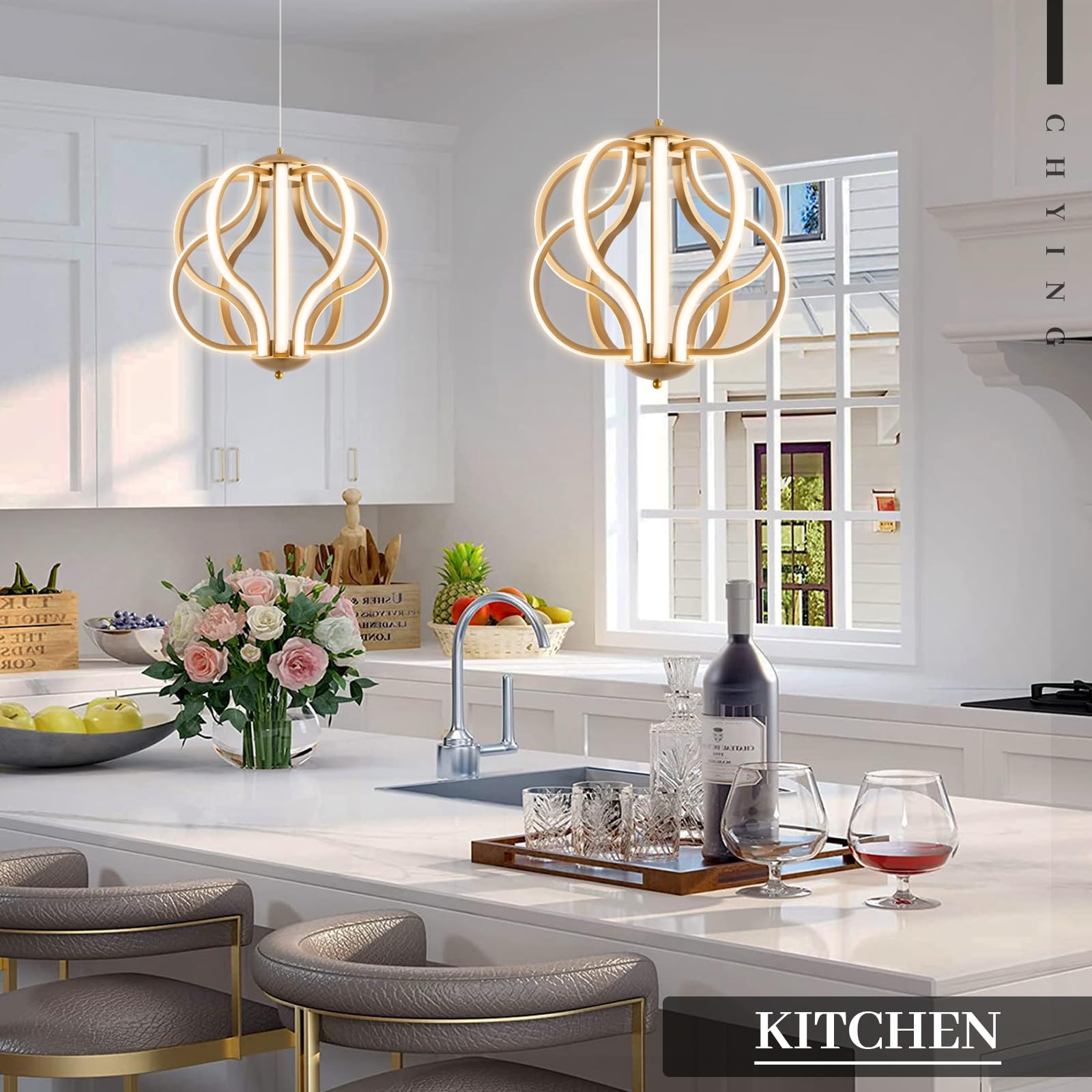 Modern LED Chandelier Gold Pendant Light Dimmable Contemporary Chandeliers for Dining Room Kitchen Living Room Foyer Entryway 3000K-6000K