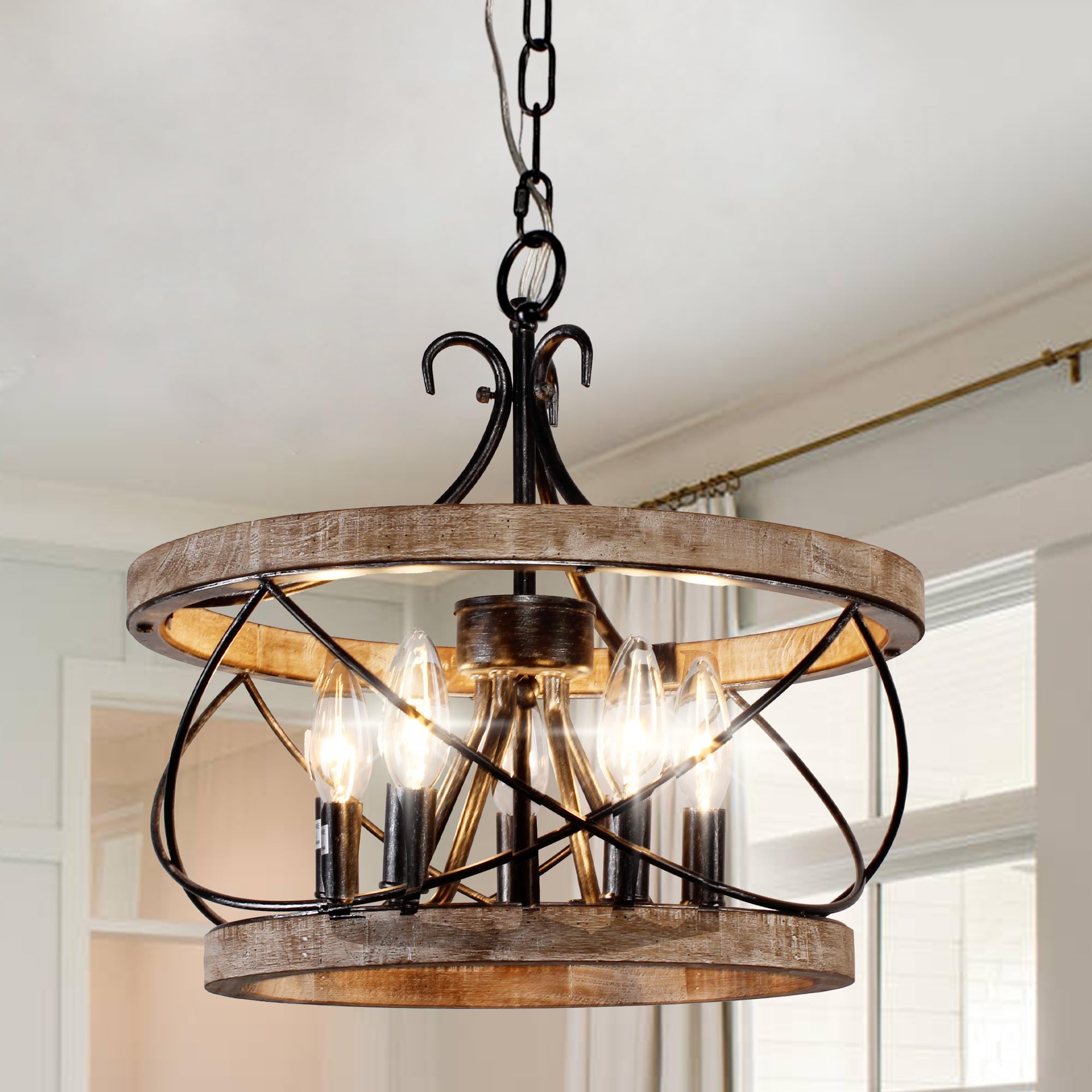 5-Light Farmhouse Wood Chandelier Light Fixture, 15.7" French Country Rustic Industrial Drum Hanging Pendant Lighting Over Table for Kitchen Island Dining Room Entryway