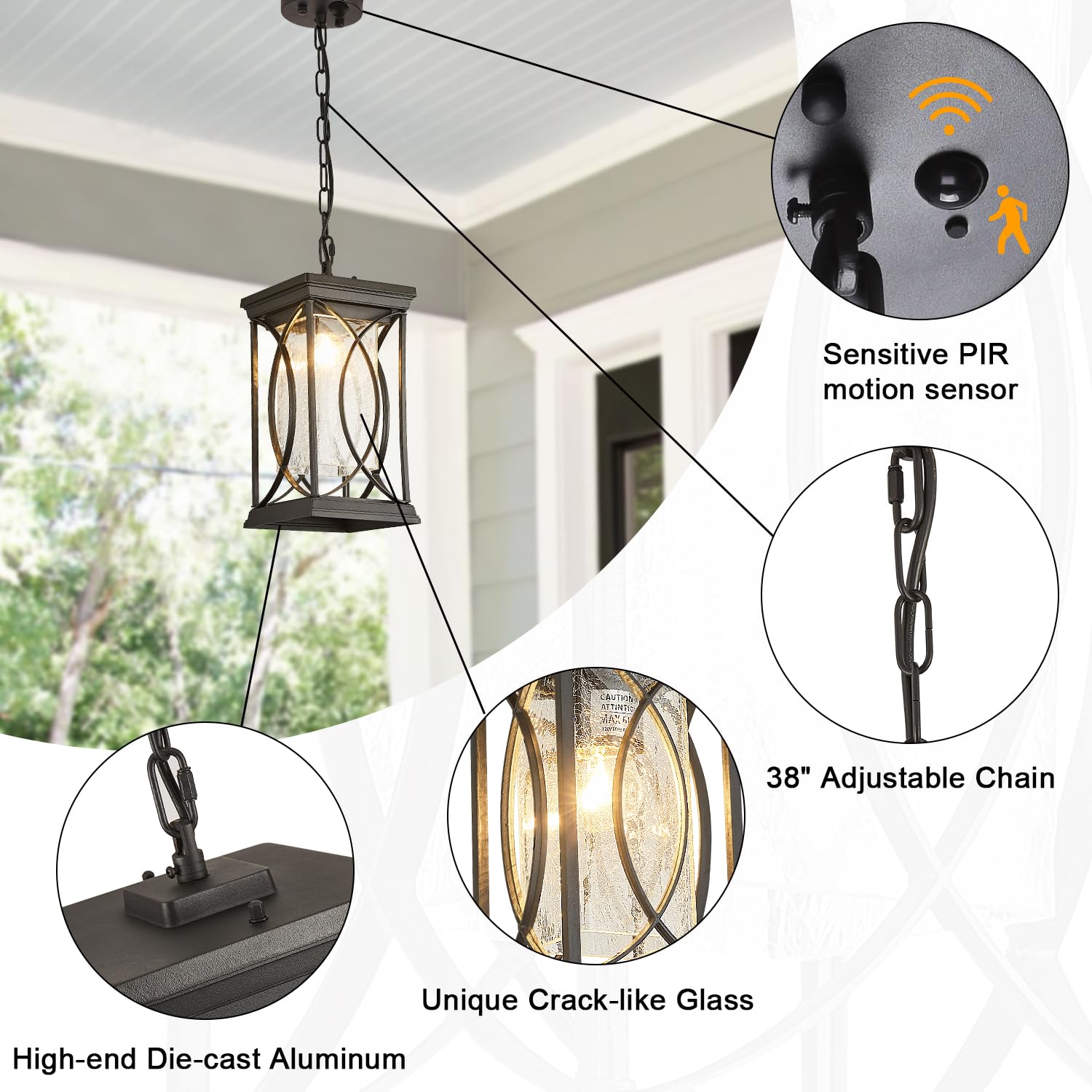 Outdoor Pendant Light Fixtures Dusk to Dawn Exterior Ceiling Hanging Lantern for Porch, Modern Black Outside Chandelier Light with Crack Glass for Front Door Porch Gazebo Foyer Entryway