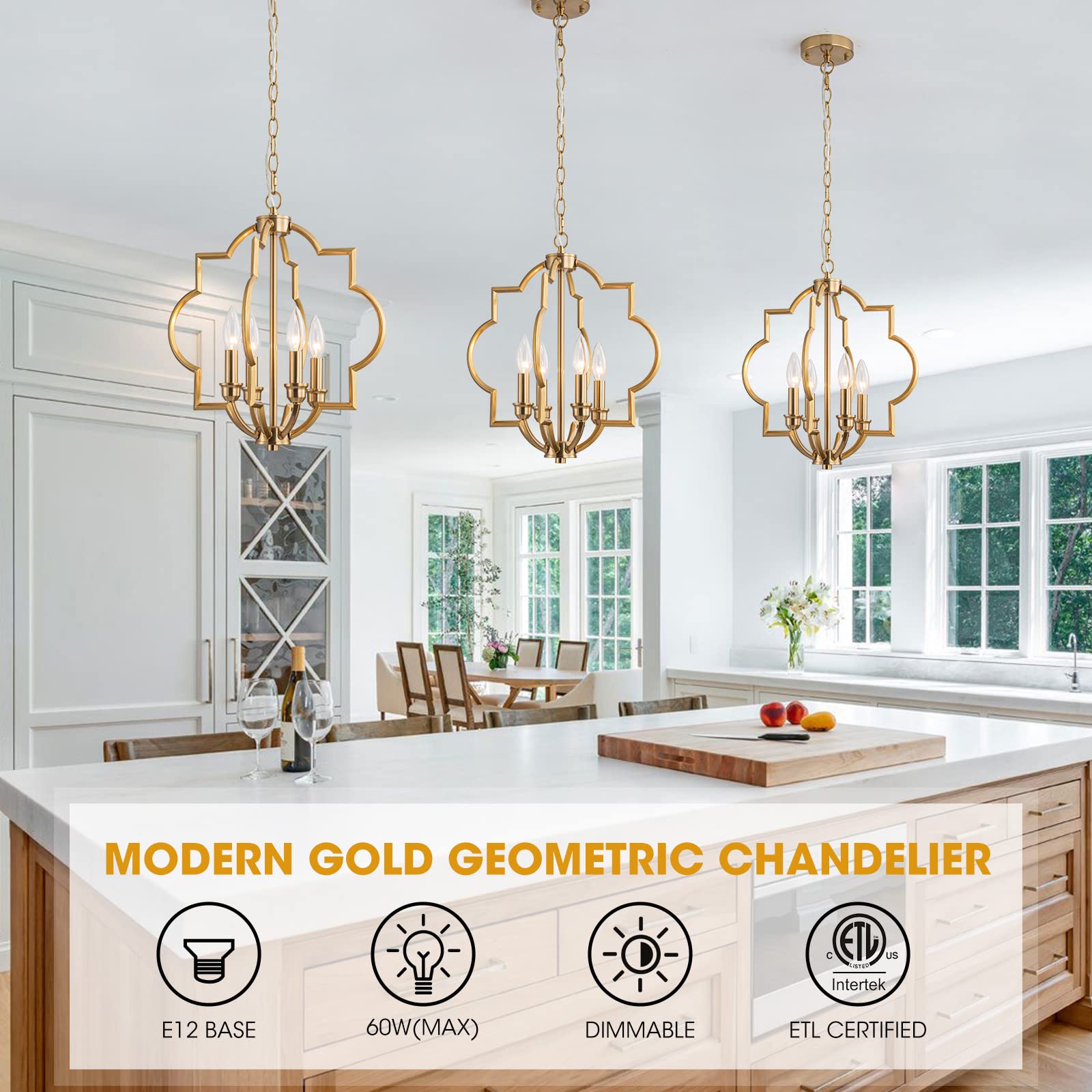 15.6“Gold Farmhouse Chandelier Dining Room Light Fixtures Over Table, Brass Kitchen Island Pendant Light, 4 Light Rustic Orb Geometric Ceiling Hanging Lighting for Entryway Foyer Bar Restaurant