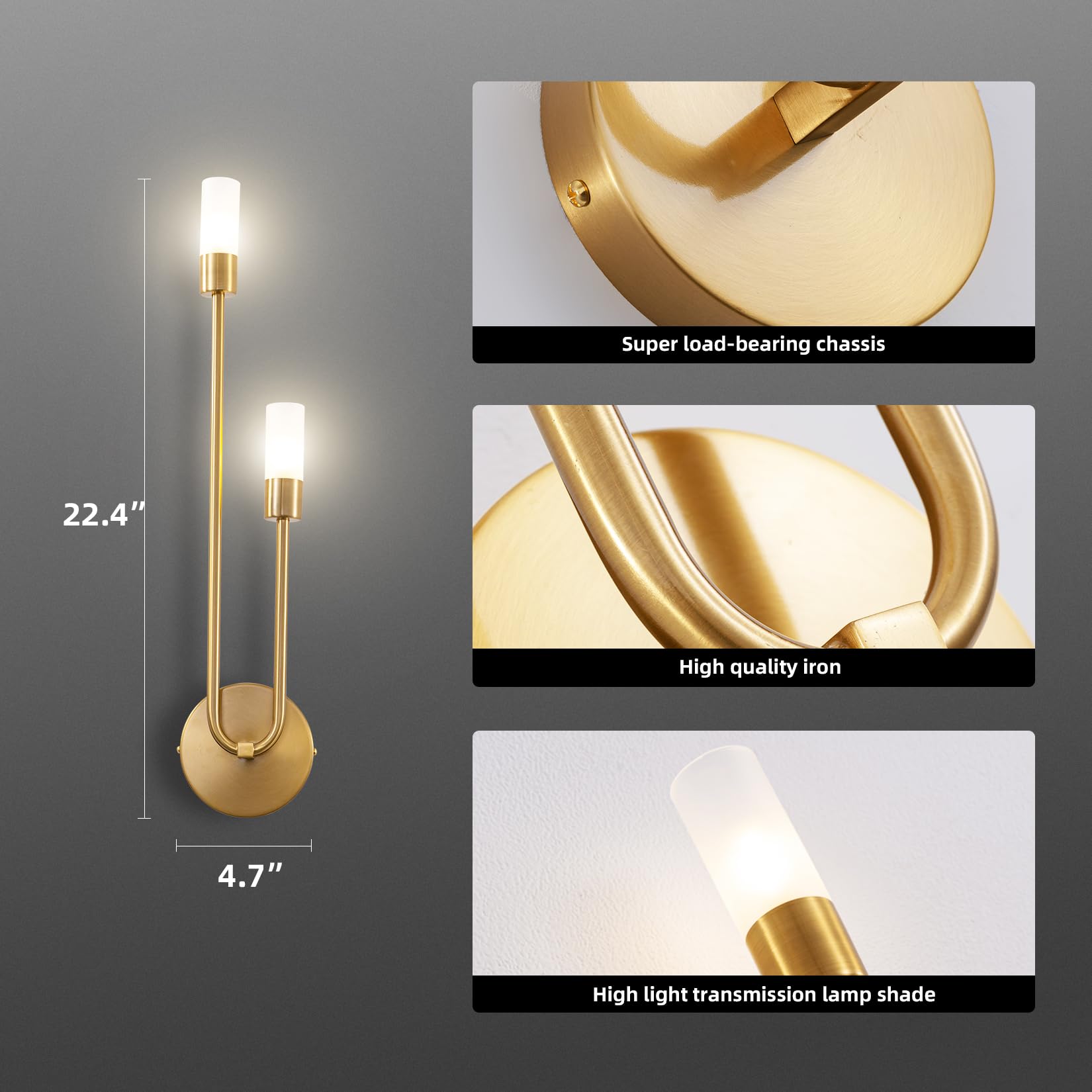 LED Gold Wall Sconce 2-Light Fixture Indoor Mid Century Wall lamp Vanity Light Fixture with Glass Shade for Bedroom Living Room Hallway Kitchen 22.4inch（Left-Short）