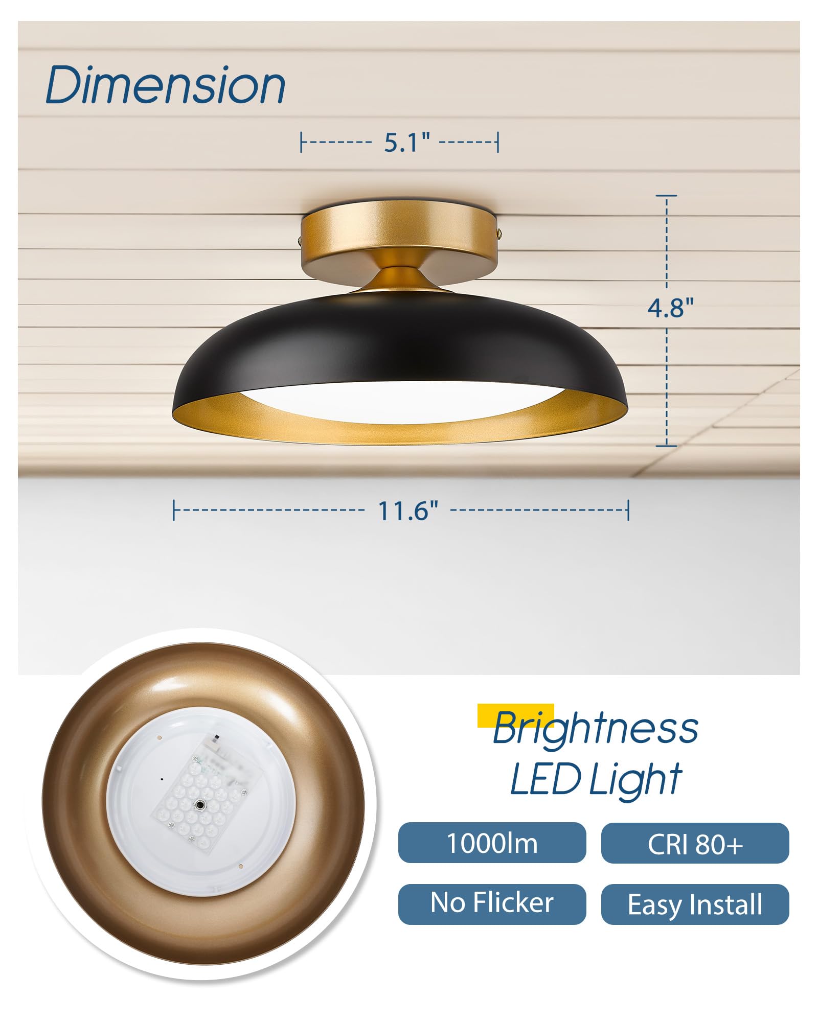 Gold Ceiling Light, 12 Inch LED Semi Flush Mount Ceiling Light Fixture, 12W/700Lm Ceiling Lights for Kitchen, Bathroom, Hallway, 3000K/4000K/6000K Adjustable, KDCL01-GD