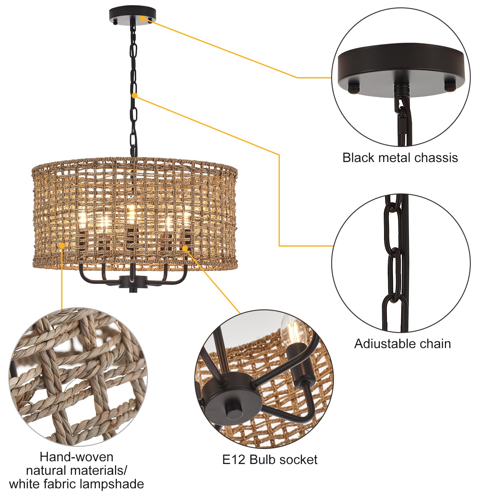 Hand-Woven Rattan Chandelier Vintage Farmhouse Boho Bamboo Chandelier Light Fixture Rustic Retro 5-Lights Drum Wicker Rattan Black Chandelier for Dining Room, Kitchen, Living Room, E12