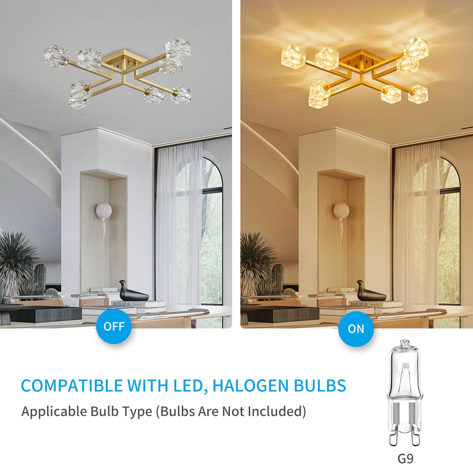 8-Light Semi Flush Mount Ceiling Light Fixture Modern Antique Gold Sputnik Chandeliers Fashion Lighting for Bedroom Dining Room Farmhouse Kitchen Office