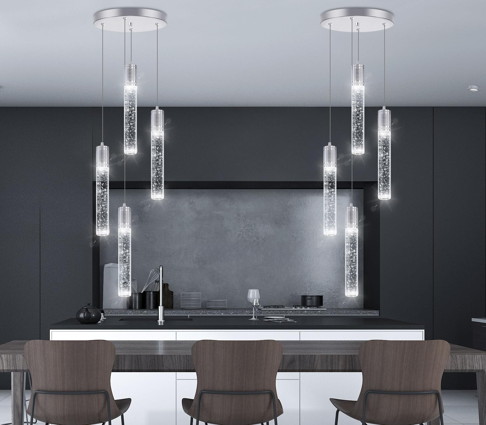 3 Lights Independent Kitchen Island Dining Room Light Pendant Light Fixtures Bubble Crystal Chandeliers Modern Kitchen Island Lighting Chandeliers Fixtures LED Lampara, 6000K LED Bulbs Included