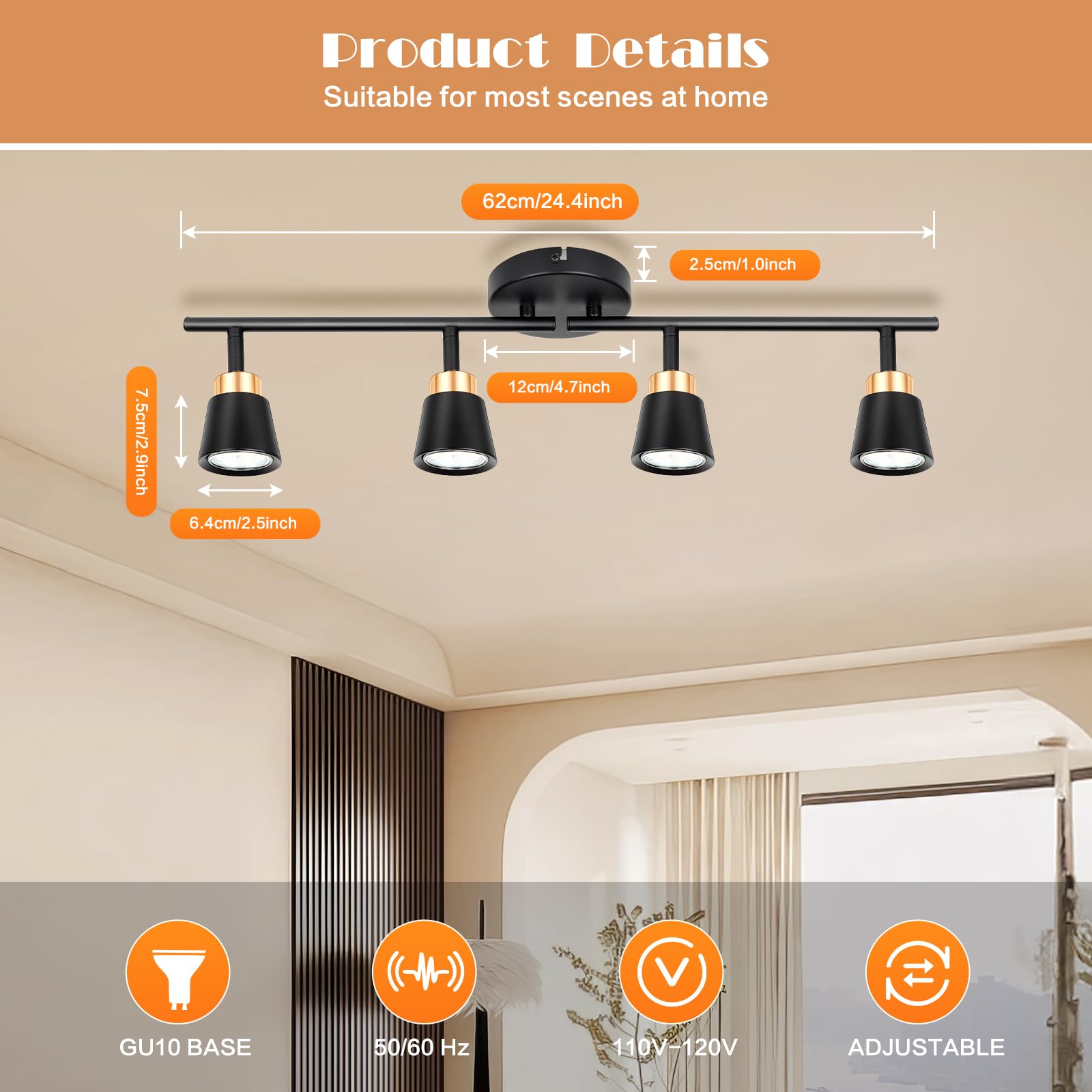 6 Light Track Lighting Fixtures, Black Ceiling LED Track Lighting Kit with Flexibly Rotatable Track Heads&G10 Socket, Modern Ceiling Spotlight for Kitchen, Office, Closet, Studio, Bedroom