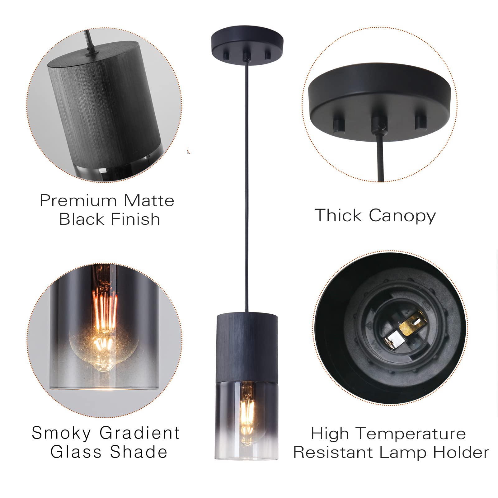 2-Pack Black Pendant Light Fixtures, Adjustable Modern Pendant Lights for Kitchen Island, Industrial Glass Pendant Lights for Dining Table Hallway Bedroom Living Room